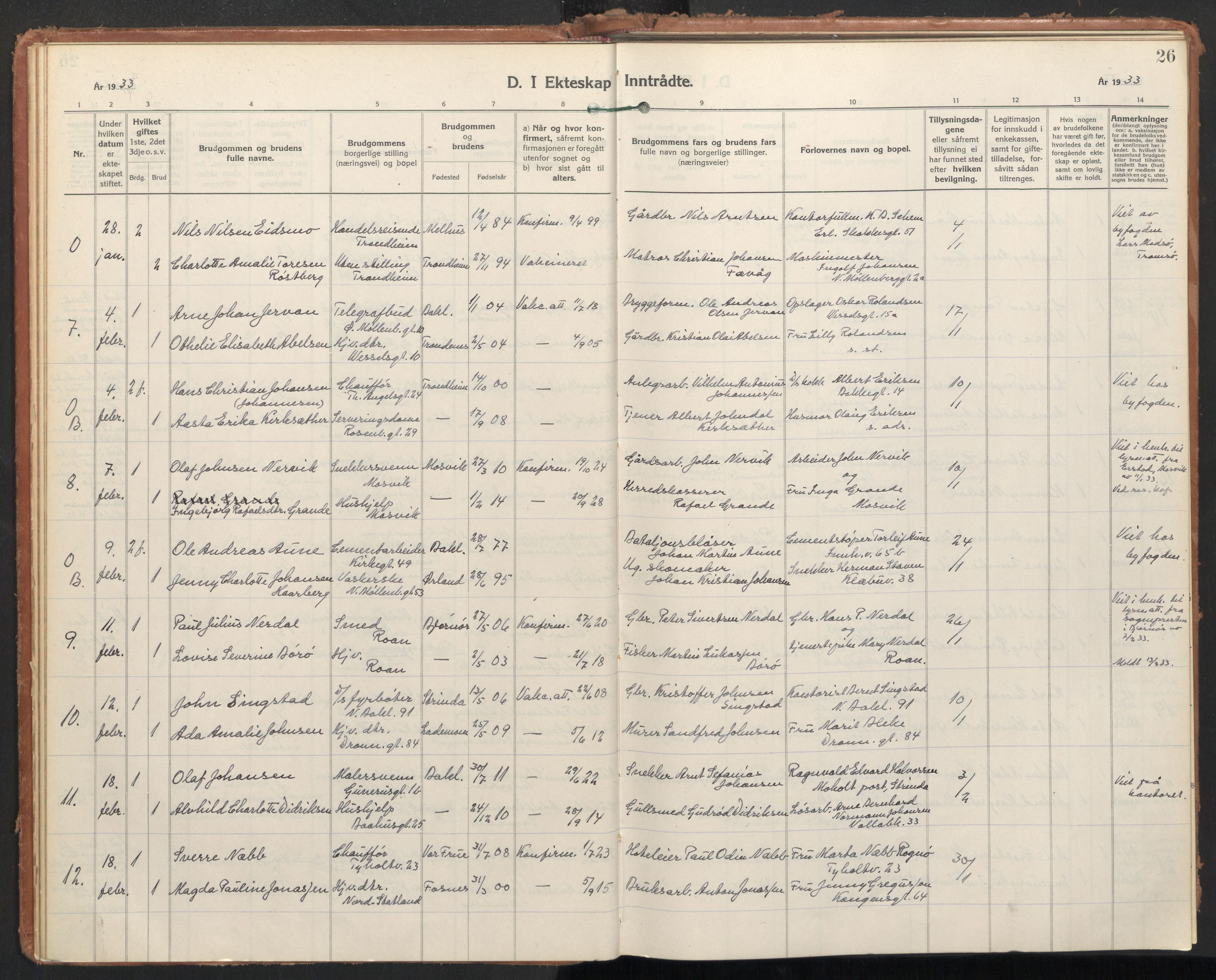 Ministerialprotokoller, klokkerbøker og fødselsregistre - Sør-Trøndelag, SAT/A-1456/604/L0209: Parish register (official) no. 604A29, 1931-1945, p. 26