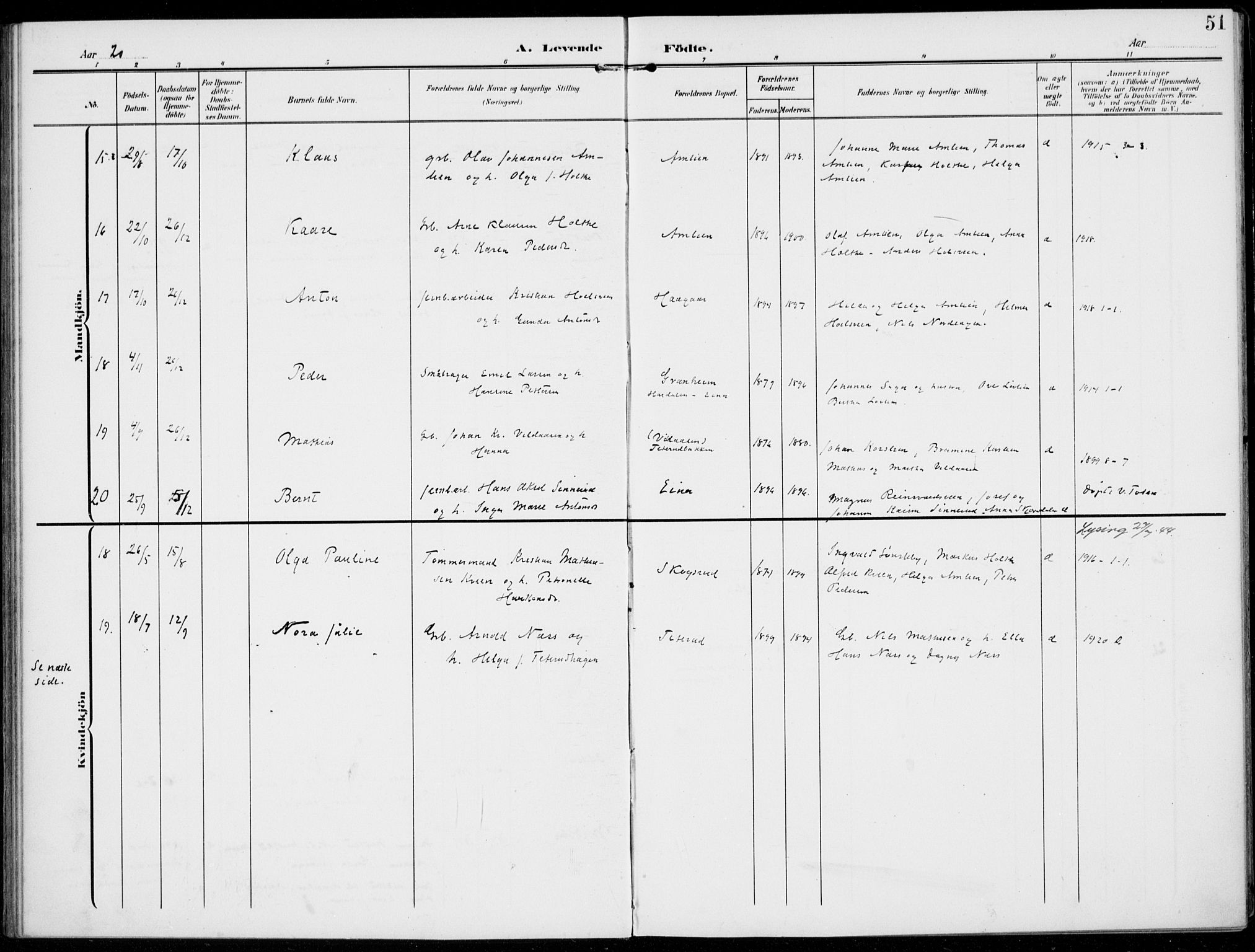 Kolbu prestekontor, AV/SAH-PREST-110/H/Ha/Haa/L0001: Parish register (official) no. 1, 1907-1923, p. 51