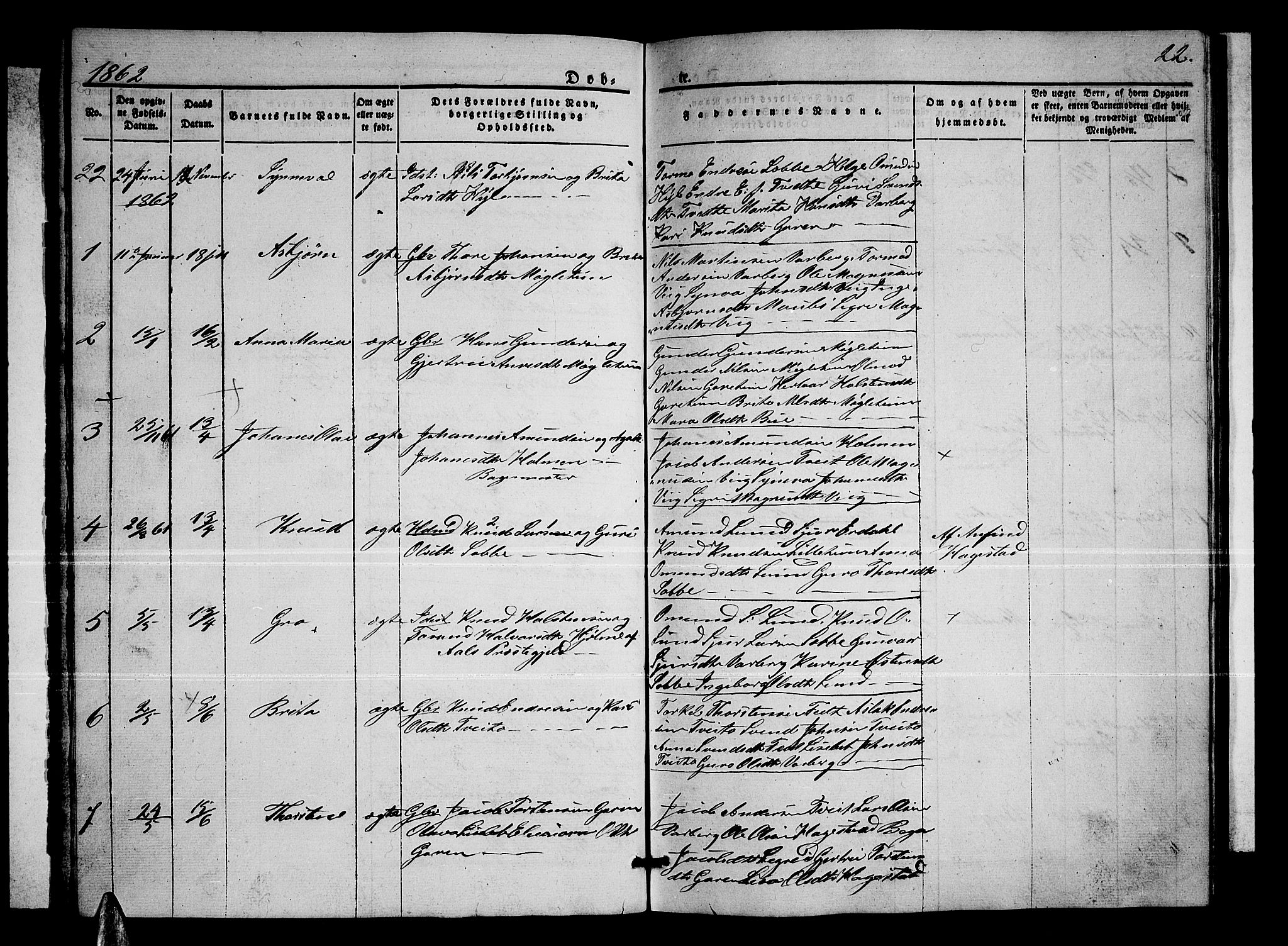 Ullensvang sokneprestembete, SAB/A-78701/H/Hab: Parish register (copy) no. C 1, 1855-1871, p. 22