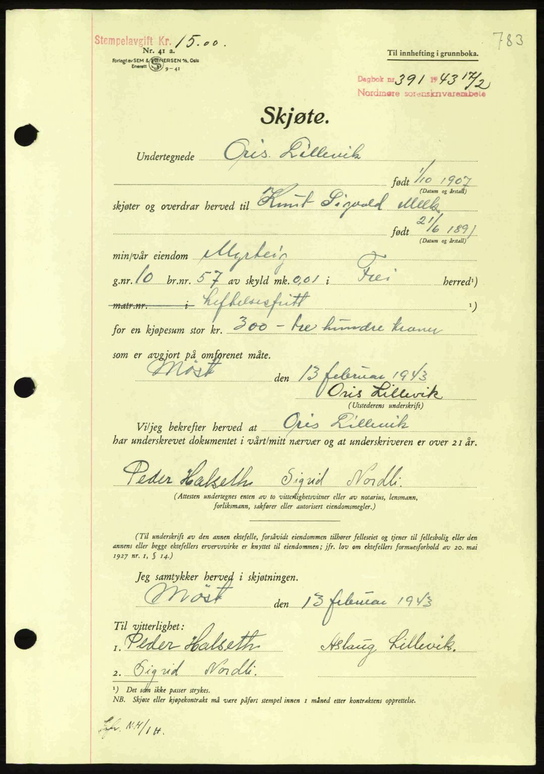 Nordmøre sorenskriveri, AV/SAT-A-4132/1/2/2Ca: Mortgage book no. A94, 1942-1943, Diary no: : 391/1943