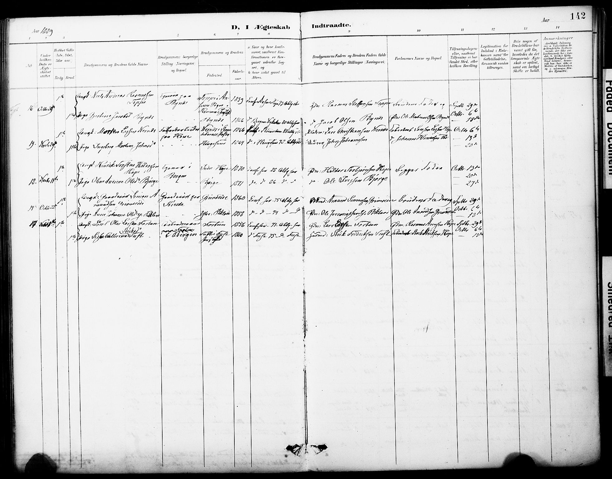 Fana Sokneprestembete, AV/SAB-A-75101/H/Haa/Haai/L0002: Parish register (official) no. I 2, 1888-1899, p. 142