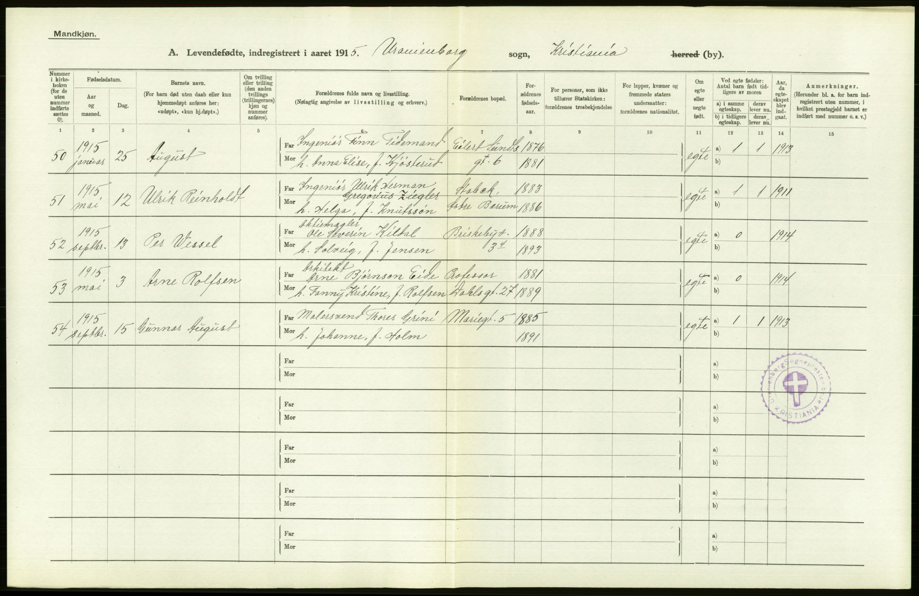 Statistisk sentralbyrå, Sosiodemografiske emner, Befolkning, AV/RA-S-2228/D/Df/Dfb/Dfbe/L0007: Kristiania: Levendefødte menn og kvinner., 1915, p. 506