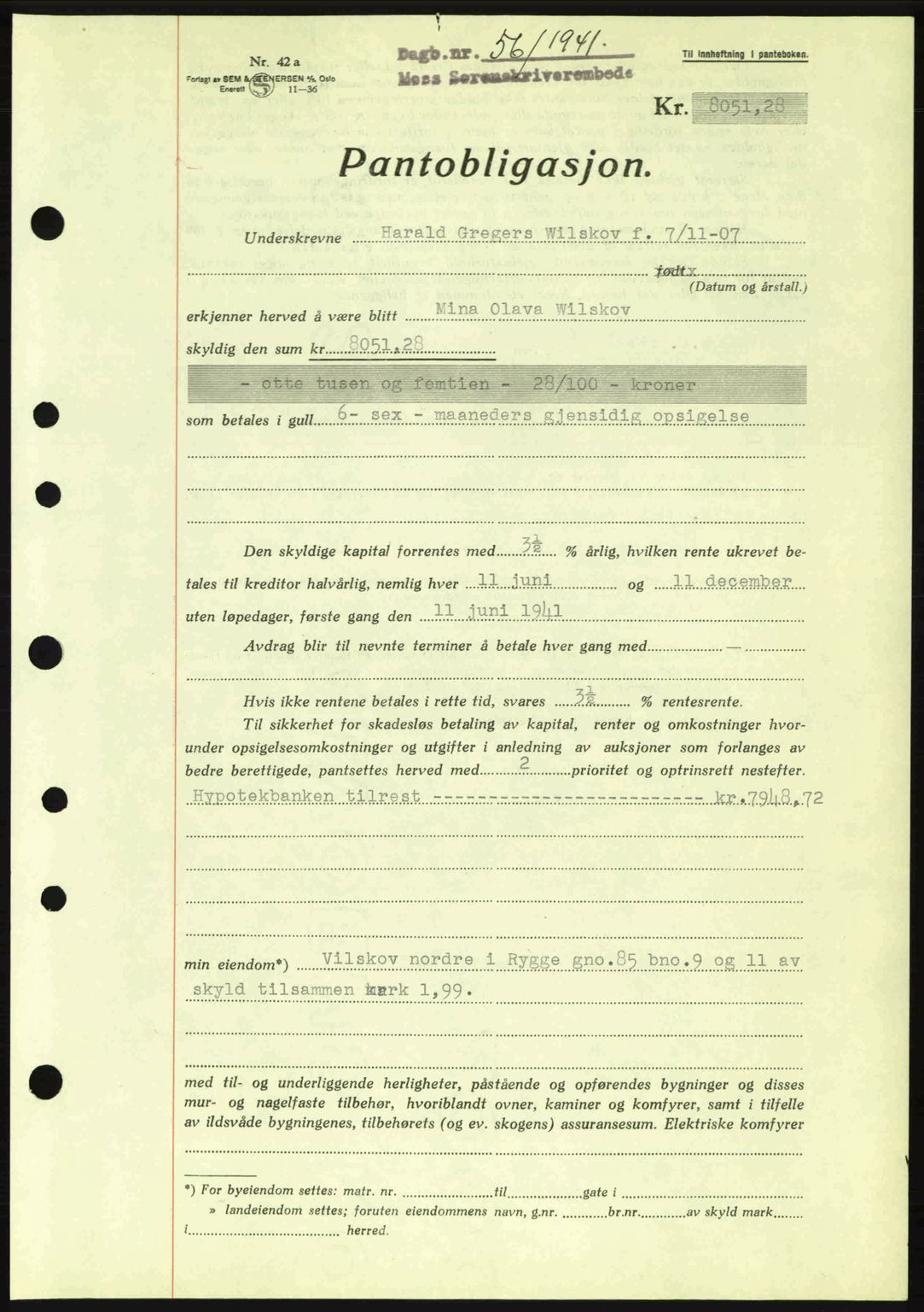 Moss sorenskriveri, SAO/A-10168: Mortgage book no. B10, 1940-1941, Diary no: : 56/1941
