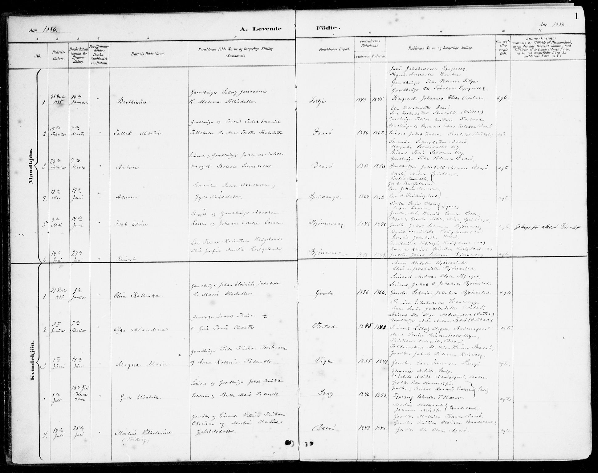 Herad sokneprestkontor, SAK/1111-0018/F/Fa/Fab/L0005: Parish register (official) no. A 5, 1886-1913, p. 1