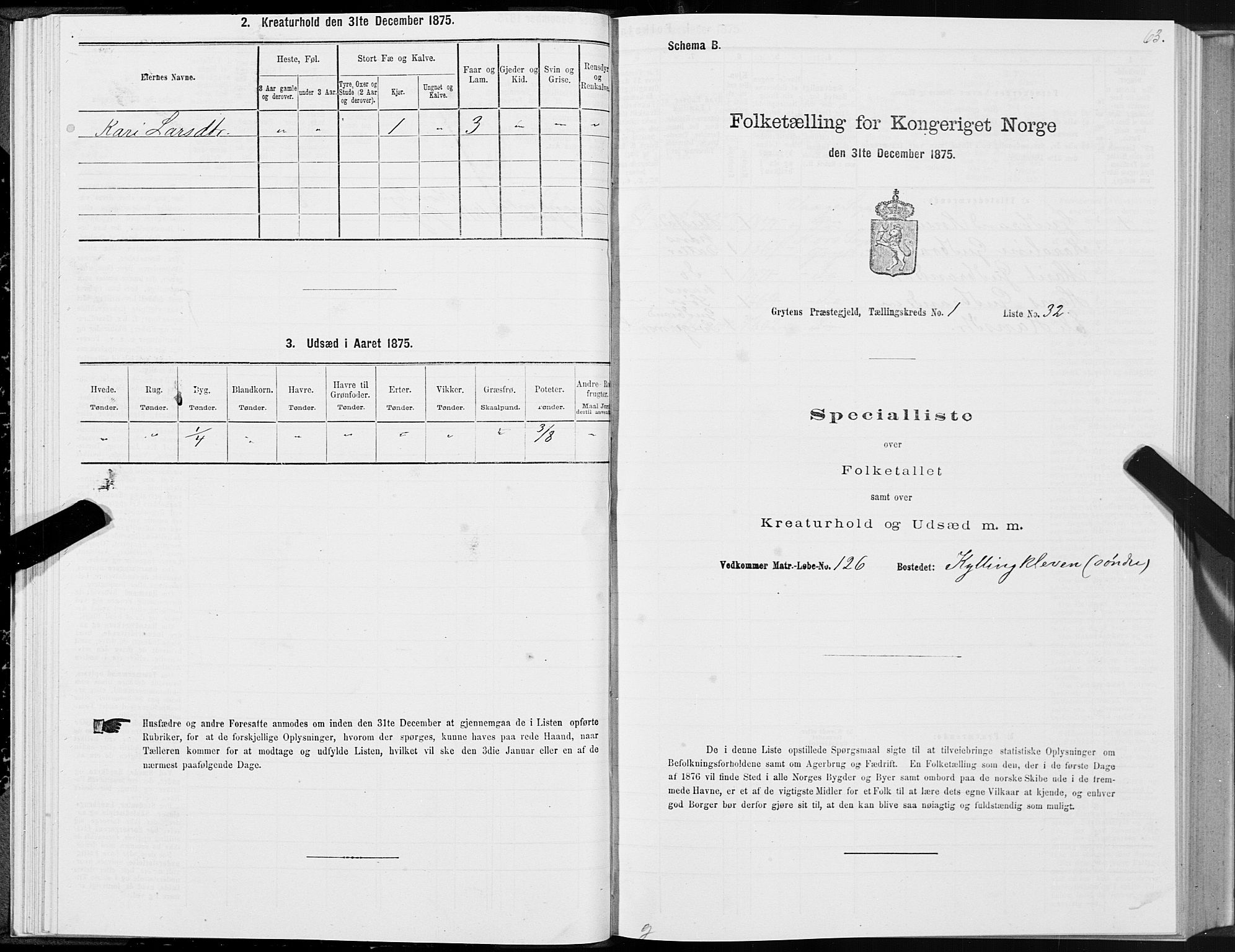 SAT, 1875 census for 1539P Grytten, 1875, p. 1063