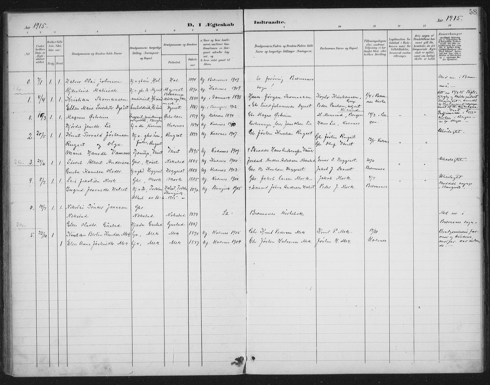 Ministerialprotokoller, klokkerbøker og fødselsregistre - Møre og Romsdal, AV/SAT-A-1454/568/L0810: Parish register (official) no. 568A14, 1901-1915, p. 58