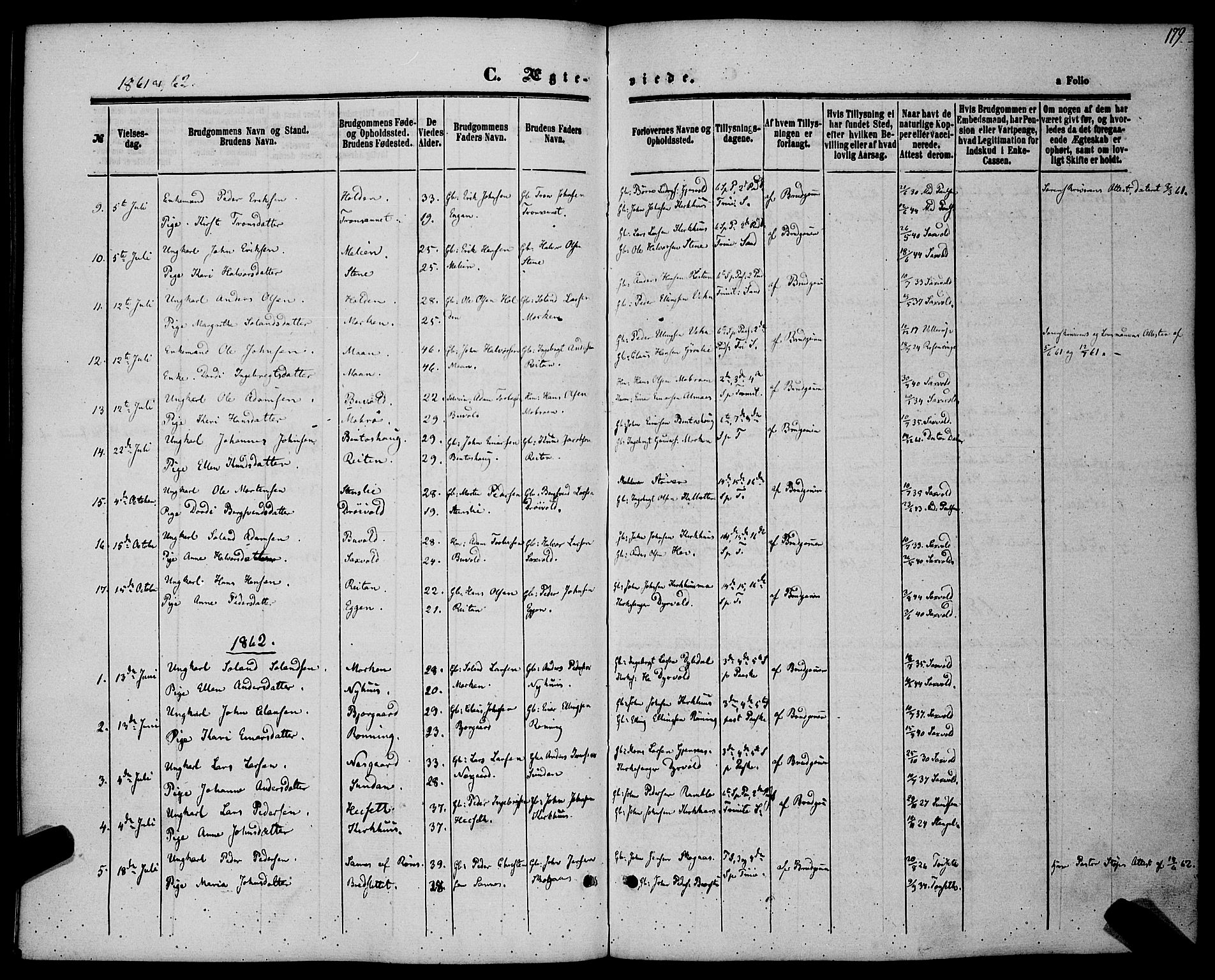 Ministerialprotokoller, klokkerbøker og fødselsregistre - Sør-Trøndelag, SAT/A-1456/685/L0968: Parish register (official) no. 685A07 /3, 1860-1869, p. 179