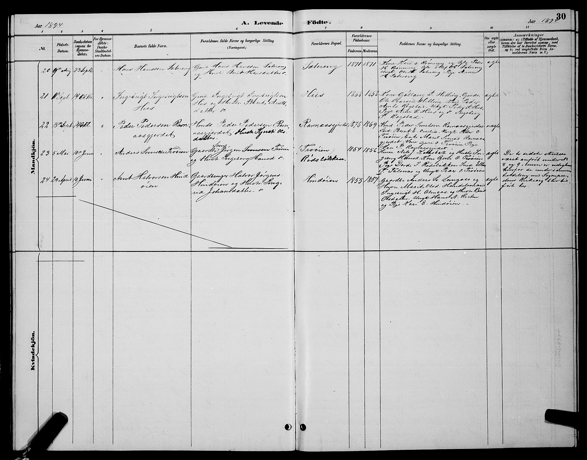 Ministerialprotokoller, klokkerbøker og fødselsregistre - Sør-Trøndelag, AV/SAT-A-1456/688/L1028: Parish register (copy) no. 688C03, 1889-1899, p. 30