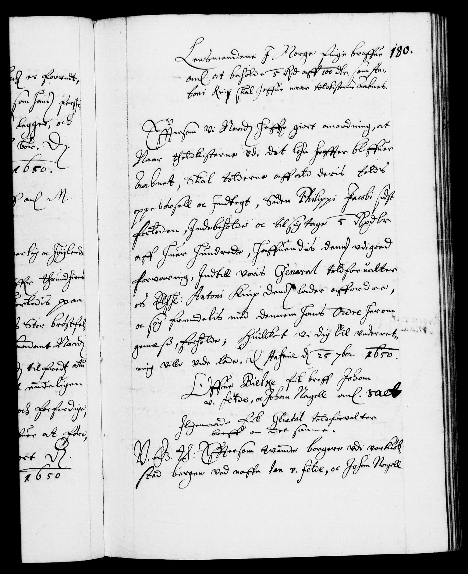 Danske Kanselli 1572-1799, AV/RA-EA-3023/F/Fc/Fca/Fcab/L0008: Norske tegnelser (mikrofilm), 1648-1652, p. 180a