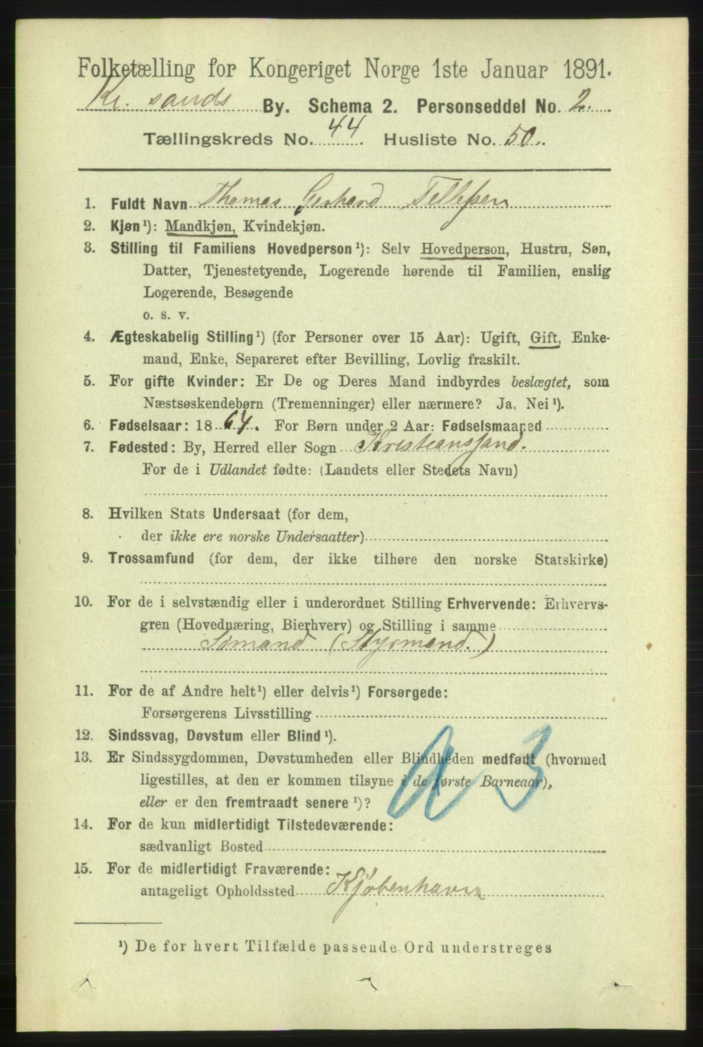 RA, 1891 census for 1001 Kristiansand, 1891, p. 13899