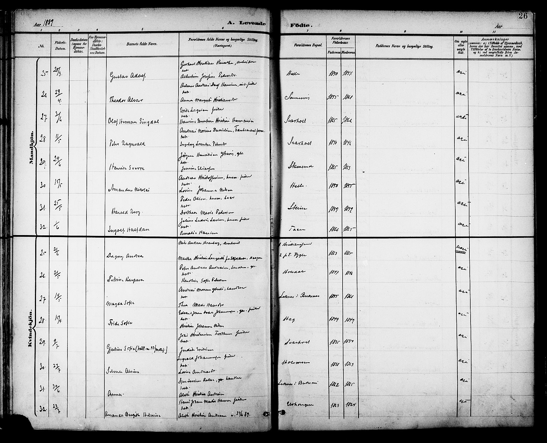 Ministerialprotokoller, klokkerbøker og fødselsregistre - Nordland, AV/SAT-A-1459/882/L1179: Parish register (official) no. 882A01, 1886-1898, p. 26