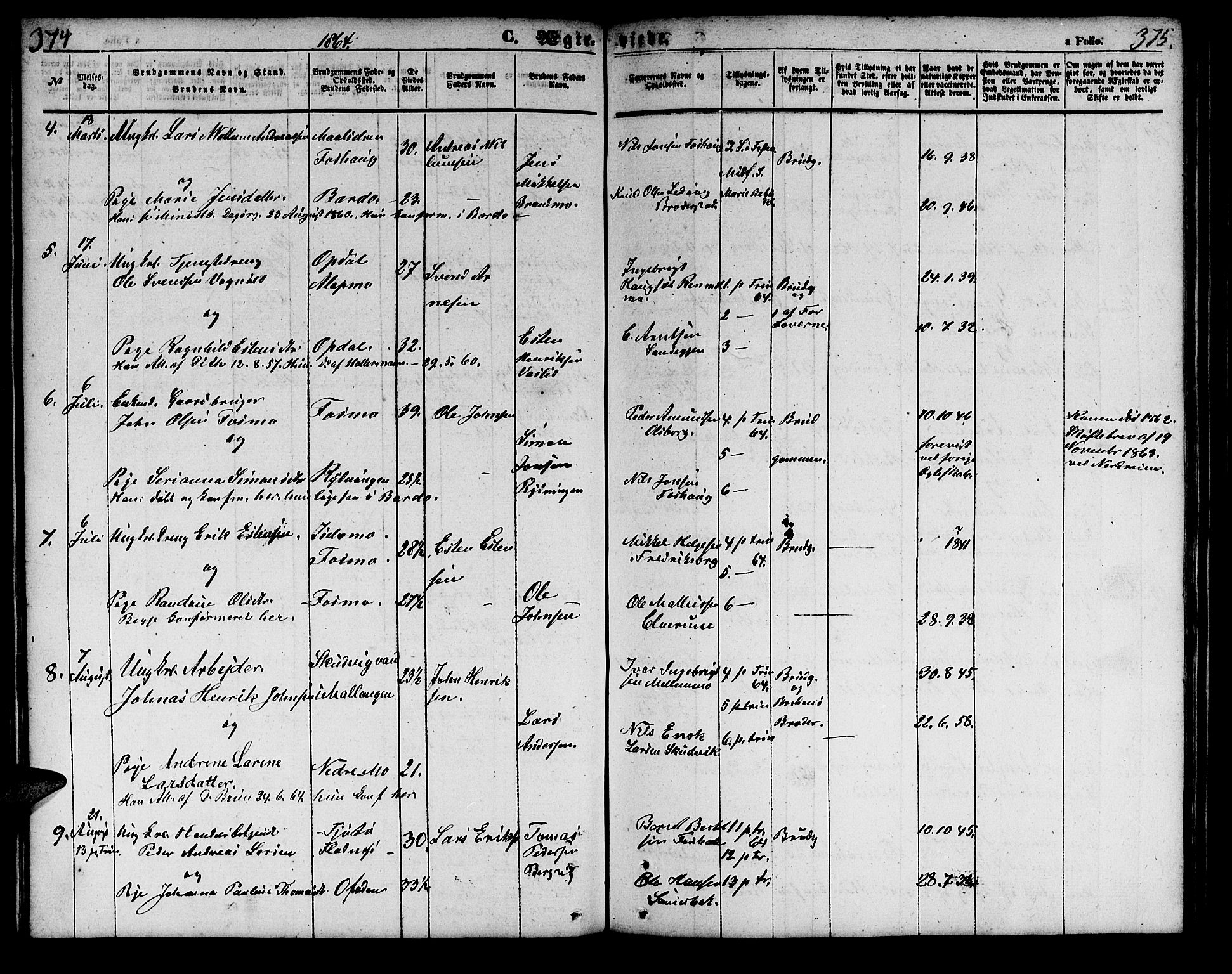 Målselv sokneprestembete, AV/SATØ-S-1311/G/Ga/Gab/L0001klokker: Parish register (copy) no. 1, 1856-1866, p. 374-375