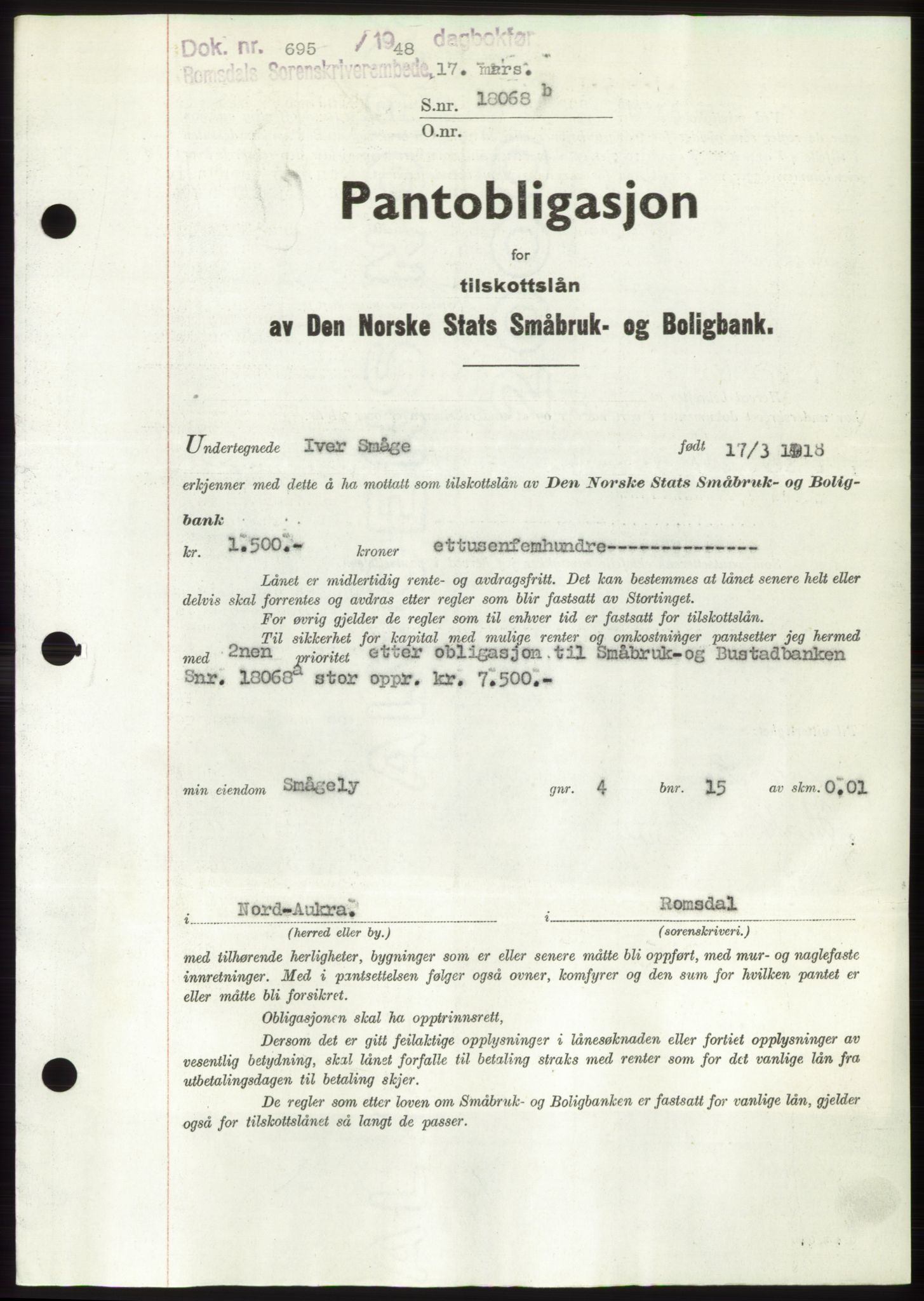 Romsdal sorenskriveri, AV/SAT-A-4149/1/2/2C: Mortgage book no. B3, 1946-1948, Diary no: : 695/1948