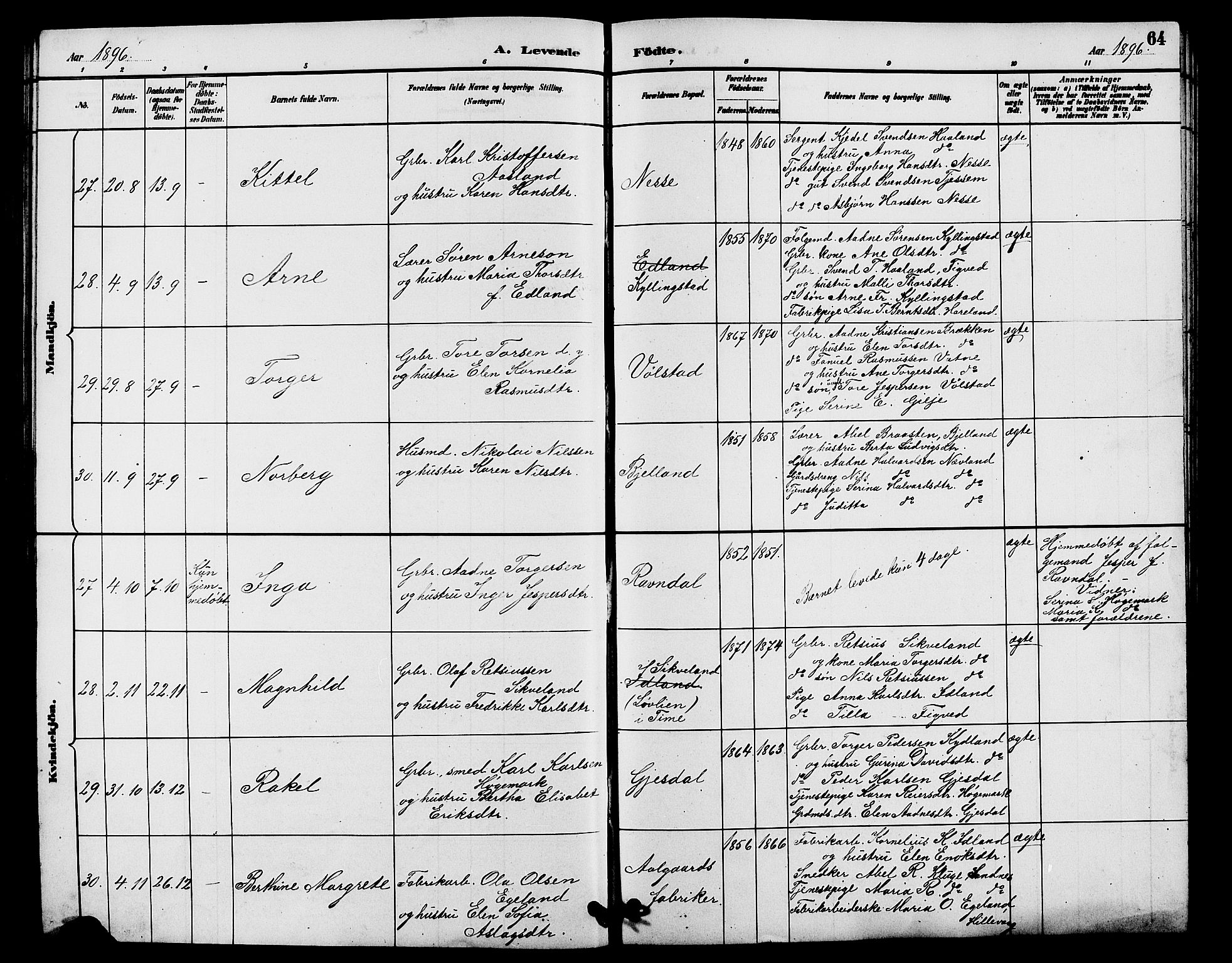 Lye sokneprestkontor, AV/SAST-A-101794/001/30BB/L0008: Parish register (copy) no. B 7, 1887-1901, p. 64