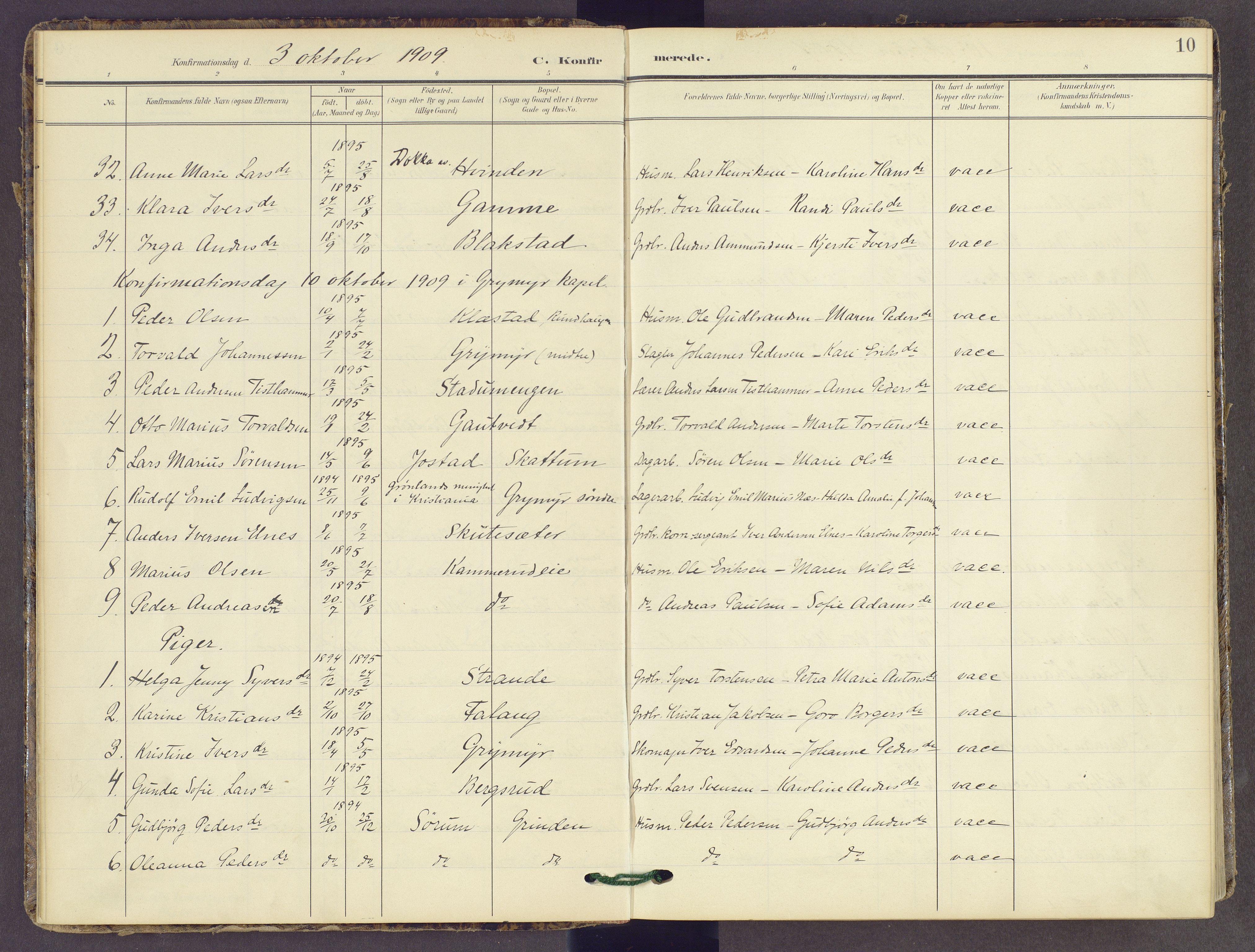 Gran prestekontor, AV/SAH-PREST-112/H/Ha/Haa/L0022: Parish register (official) no. 22, 1908-1918, p. 10