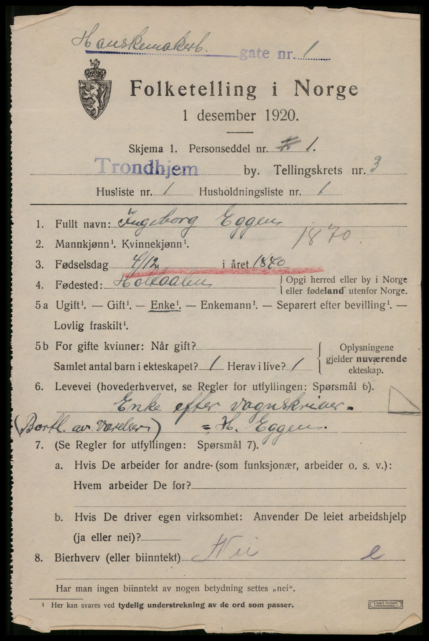 SAT, 1920 census for Trondheim, 1920, p. 35564