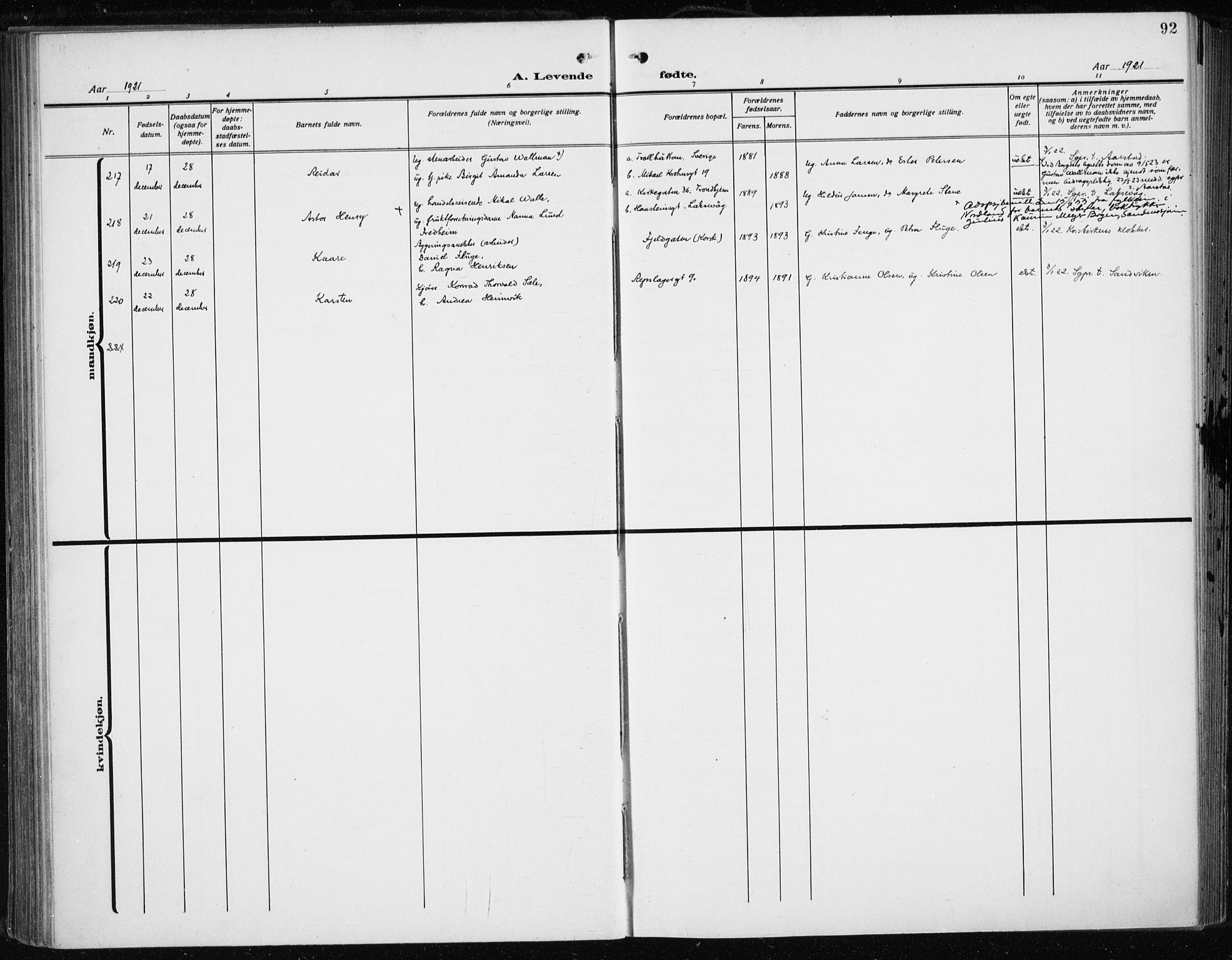 Fødselsstiftelsens sokneprestembete*, SAB/-: Parish register (official) no. A 5, 1918-1926, p. 92