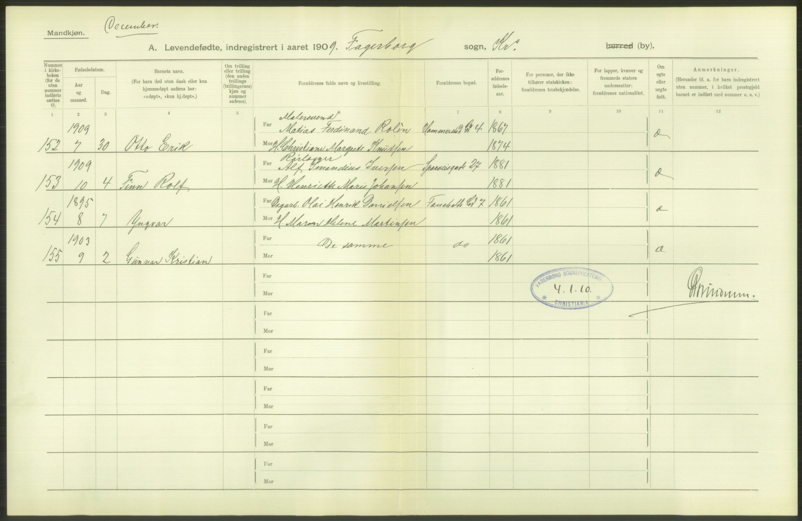 Statistisk sentralbyrå, Sosiodemografiske emner, Befolkning, RA/S-2228/D/Df/Dfa/Dfag/L0007: Kristiania: Levendefødte menn og kvinner., 1909, p. 64