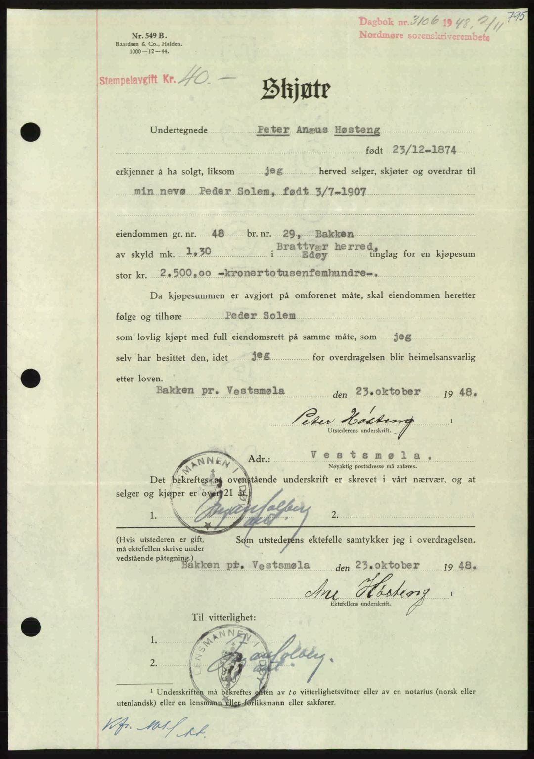 Nordmøre sorenskriveri, AV/SAT-A-4132/1/2/2Ca: Mortgage book no. A109, 1948-1948, Diary no: : 3106/1948