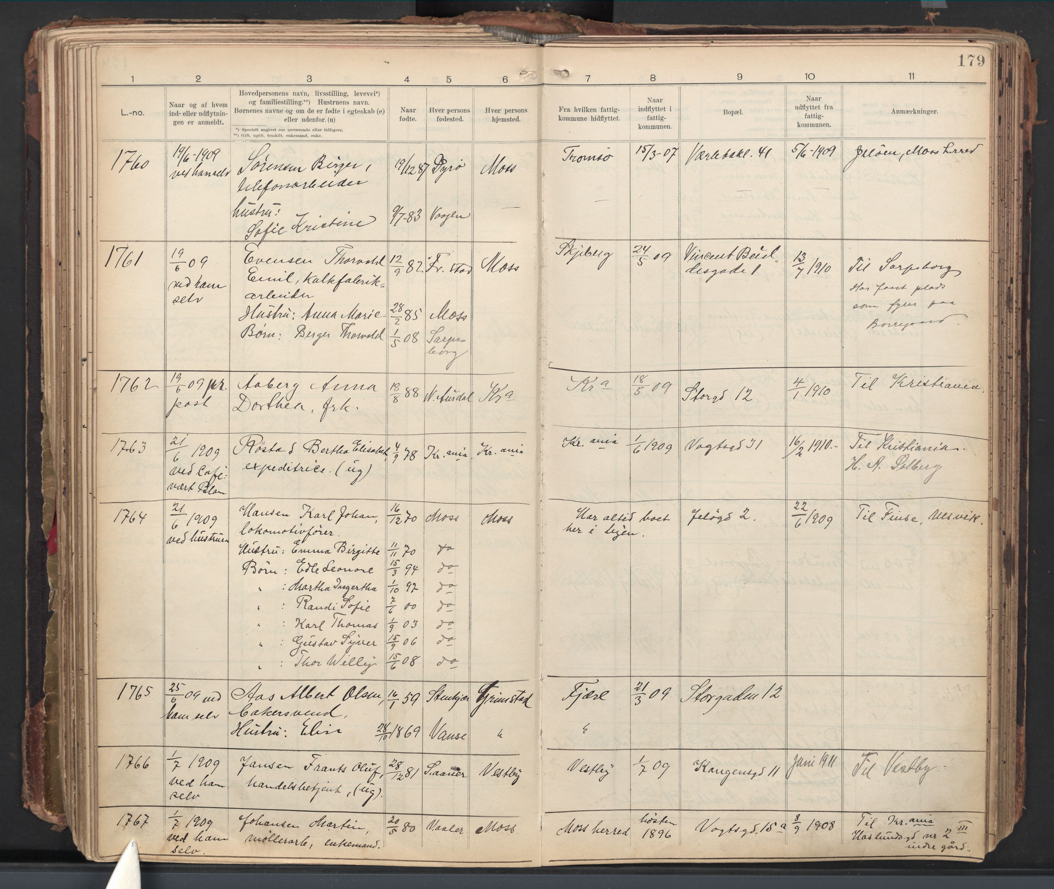 Moss folkeregister, AV/SAO-A-10020/J/L0002: Inn- og utflyttede i Moss fattigkommune, 1905-1913, p. 179