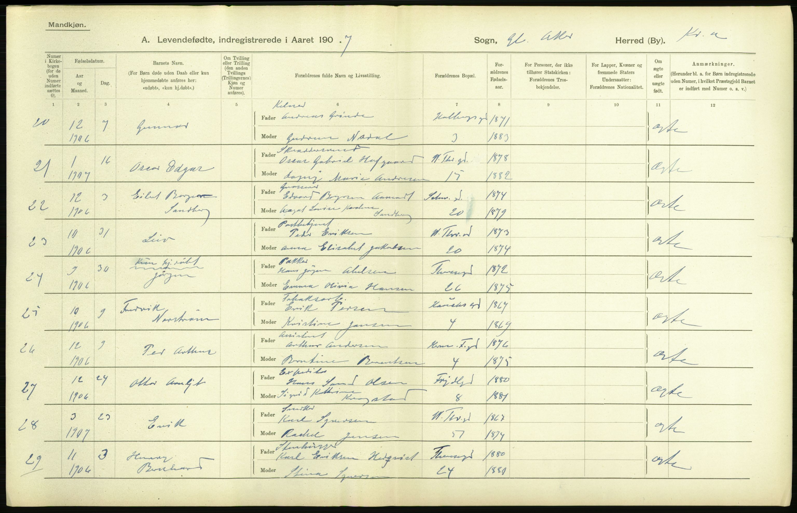 Statistisk sentralbyrå, Sosiodemografiske emner, Befolkning, AV/RA-S-2228/D/Df/Dfa/Dfae/L0006: Kristiania: Levendefødte menn og kvinner., 1907, p. 124