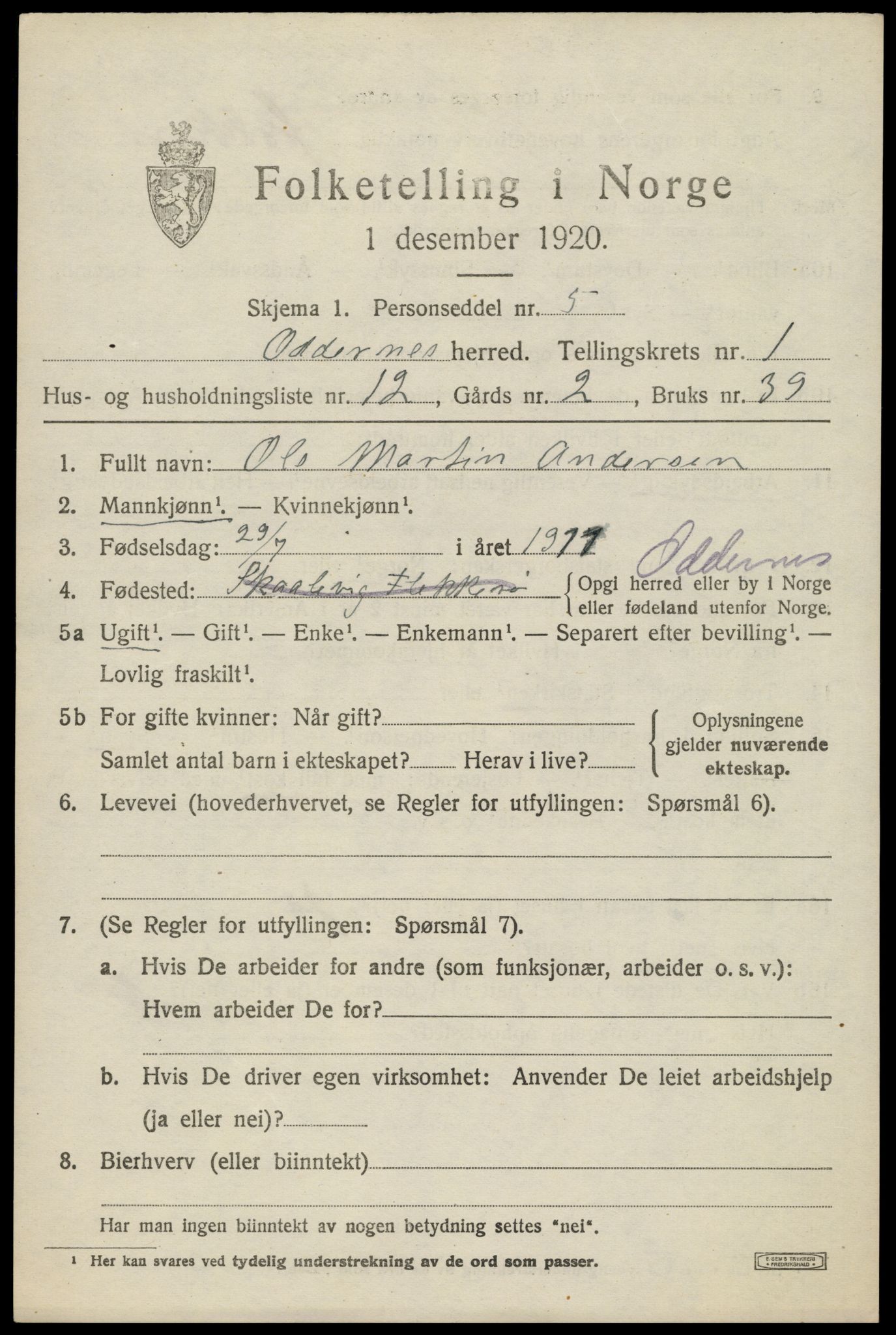 SAK, 1920 census for Oddernes, 1920, p. 2153