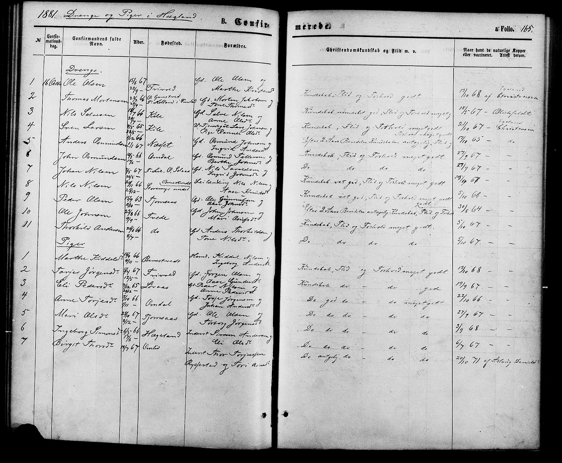 Vennesla sokneprestkontor, AV/SAK-1111-0045/Fa/Fac/L0008: Parish register (official) no. A 8, 1874-1883, p. 165