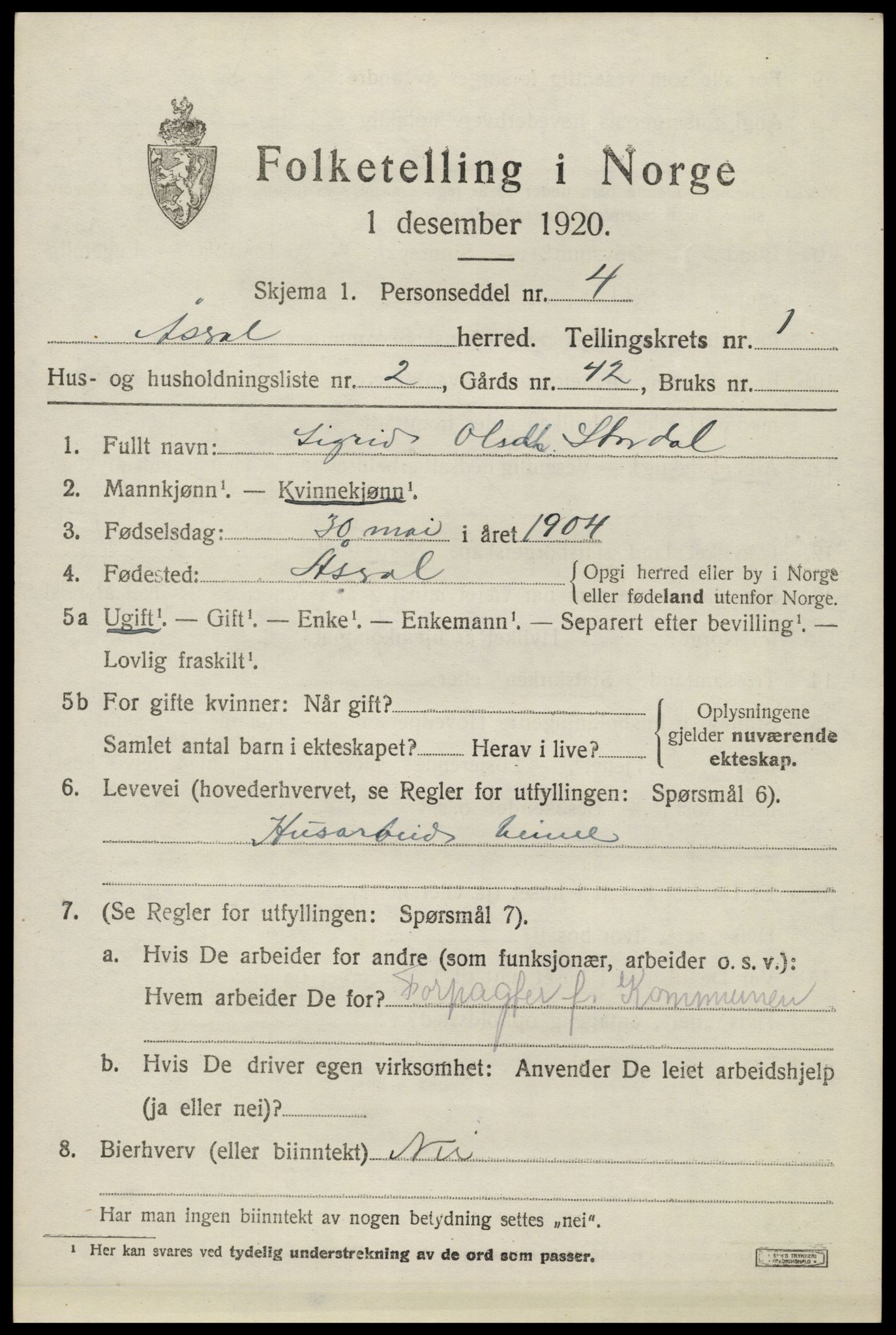 SAK, 1920 census for Åseral, 1920, p. 536