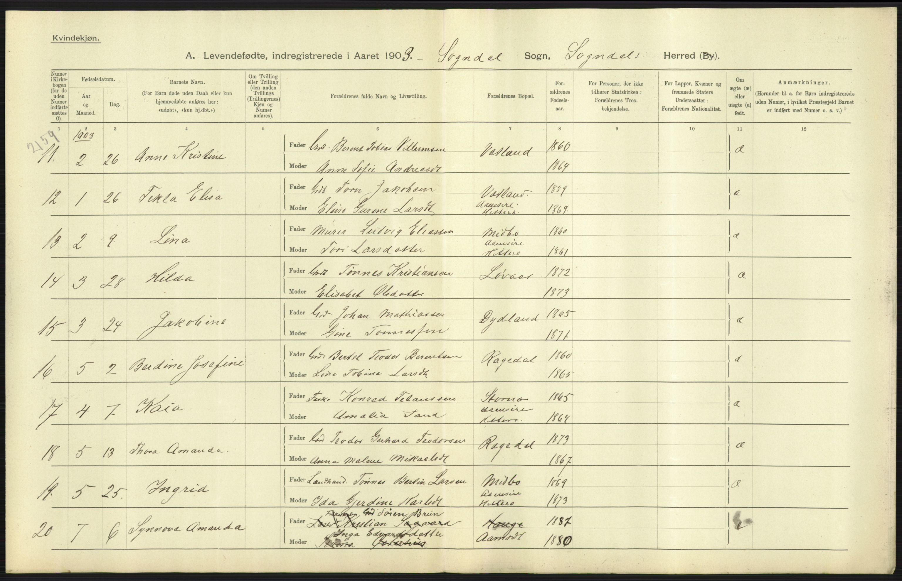 Statistisk sentralbyrå, Sosiodemografiske emner, Befolkning, AV/RA-S-2228/D/Df/Dfa/Dfaa/L0012: Stavanger amt: Fødte, gifte, døde, 1903, p. 5