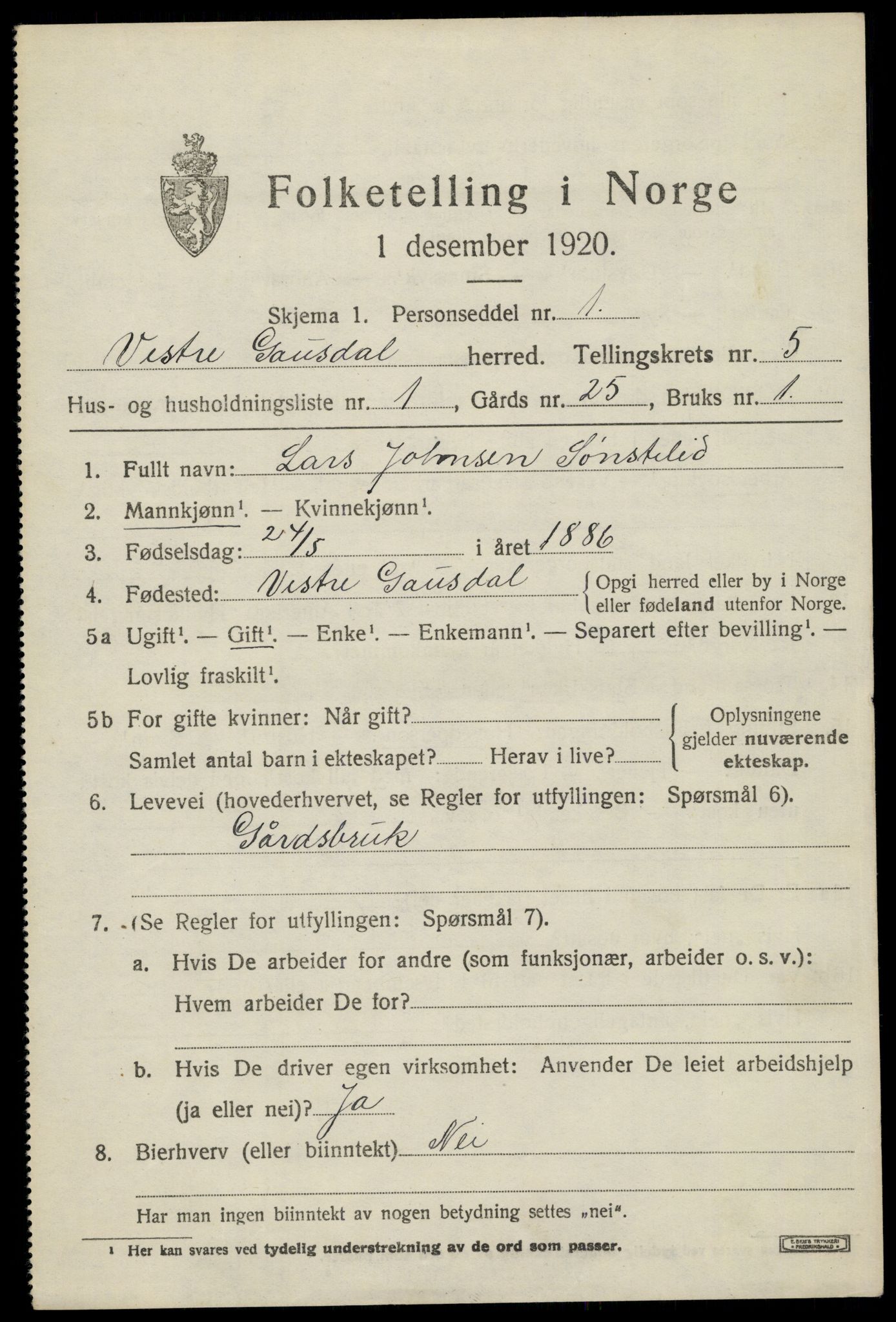 SAH, 1920 census for Vestre Gausdal, 1920, p. 3697