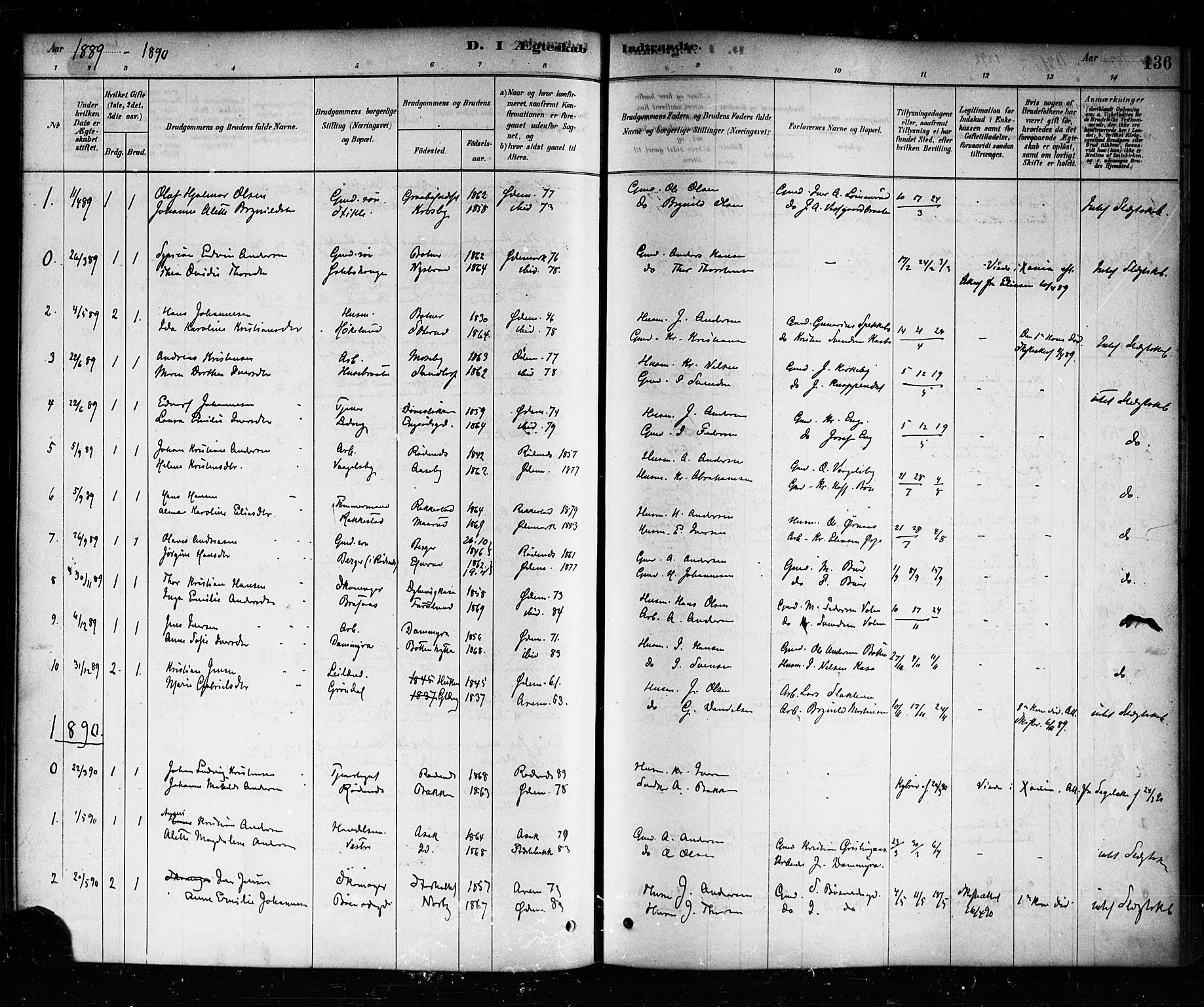 Aremark prestekontor Kirkebøker, SAO/A-10899/F/Fb/L0004: Parish register (official) no. II 4, 1878-1895, p. 136