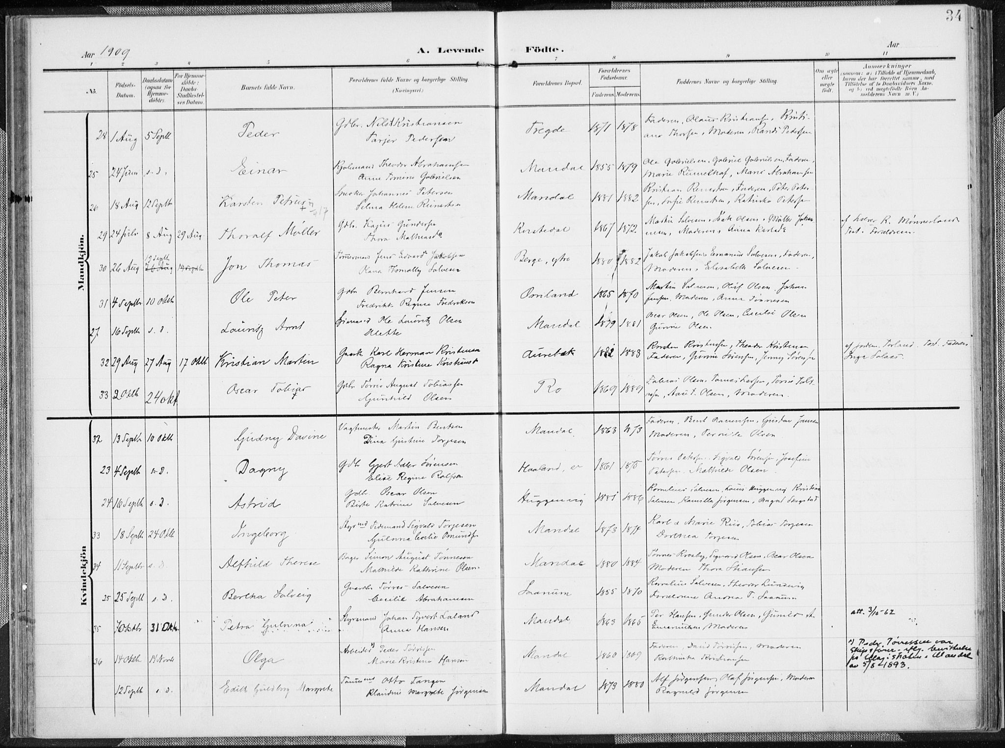 Mandal sokneprestkontor, SAK/1111-0030/F/Fa/Faa/L0020: Parish register (official) no. A 20, 1906-1912, p. 34