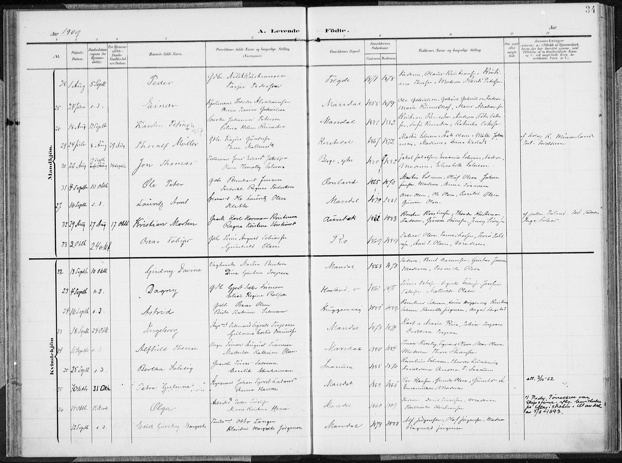 Mandal sokneprestkontor, AV/SAK-1111-0030/F/Fa/Faa/L0020: Parish register (official) no. A 20, 1906-1912, p. 34