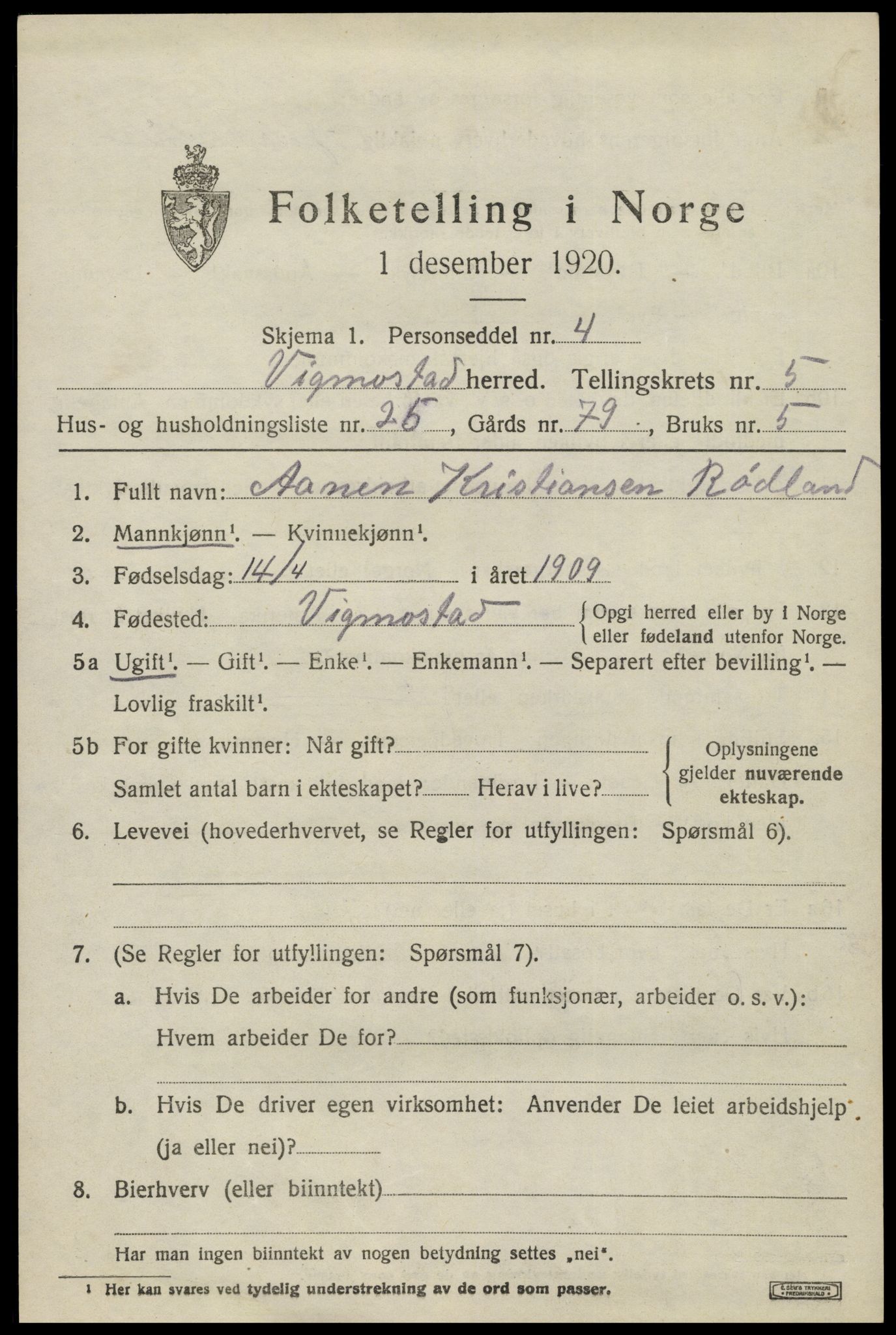 SAK, 1920 census for Vigmostad, 1920, p. 1923
