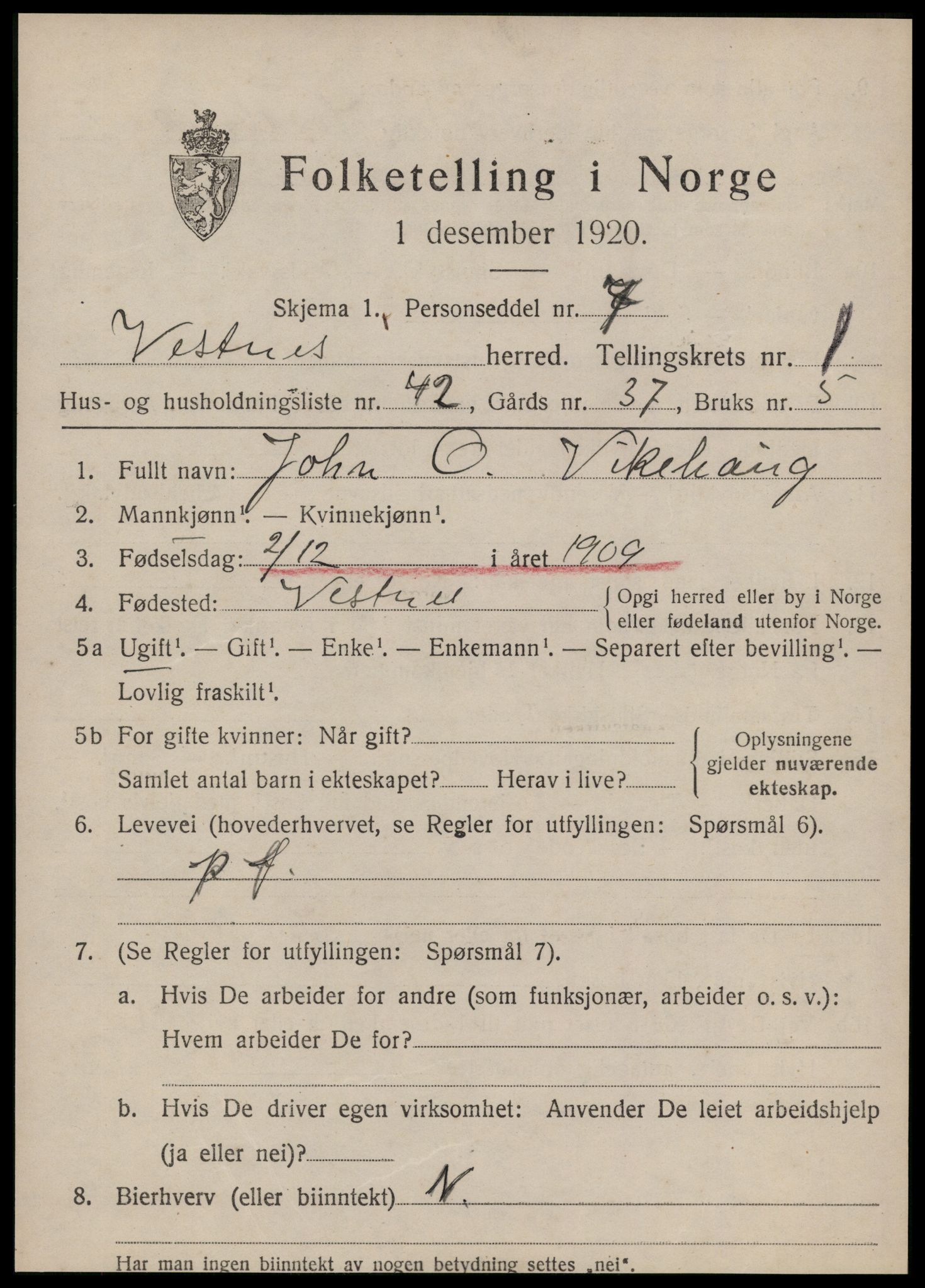 SAT, 1920 census for Vestnes, 1920, p. 1731