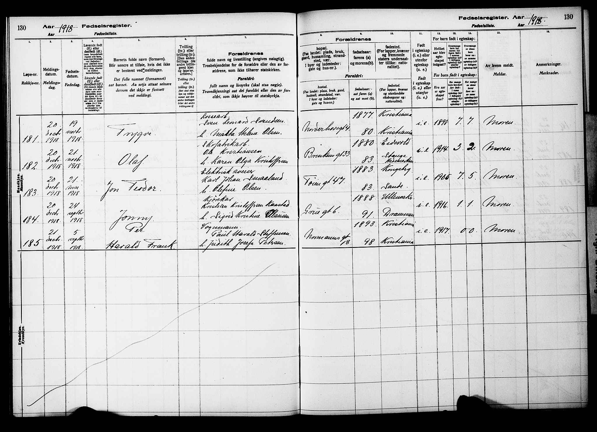 Kampen prestekontor Kirkebøker, AV/SAO-A-10853/J/Ja/L0001: Birth register no. 1, 1916-1920, p. 130