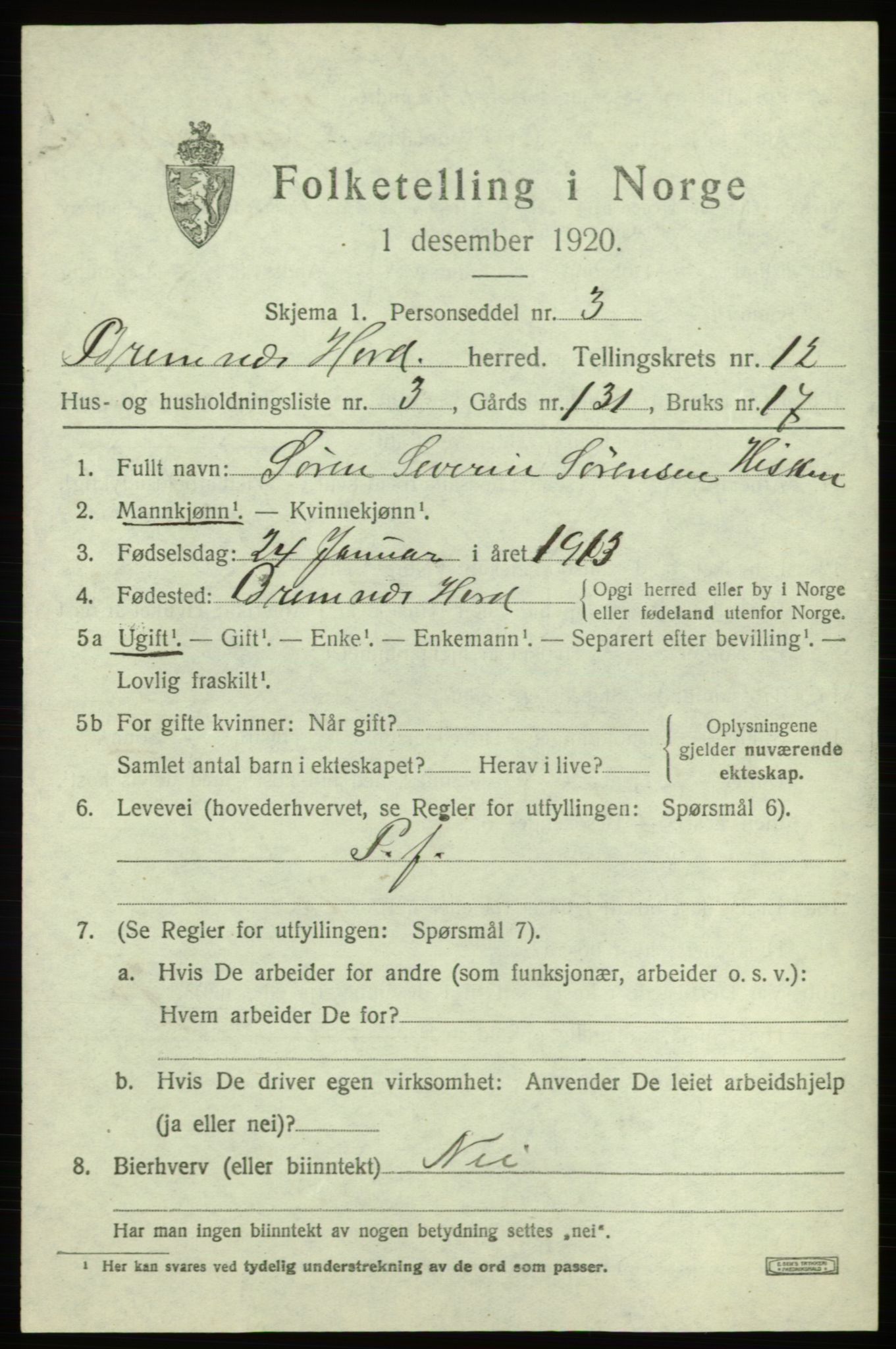 SAB, 1920 census for Bremnes, 1920, p. 7598