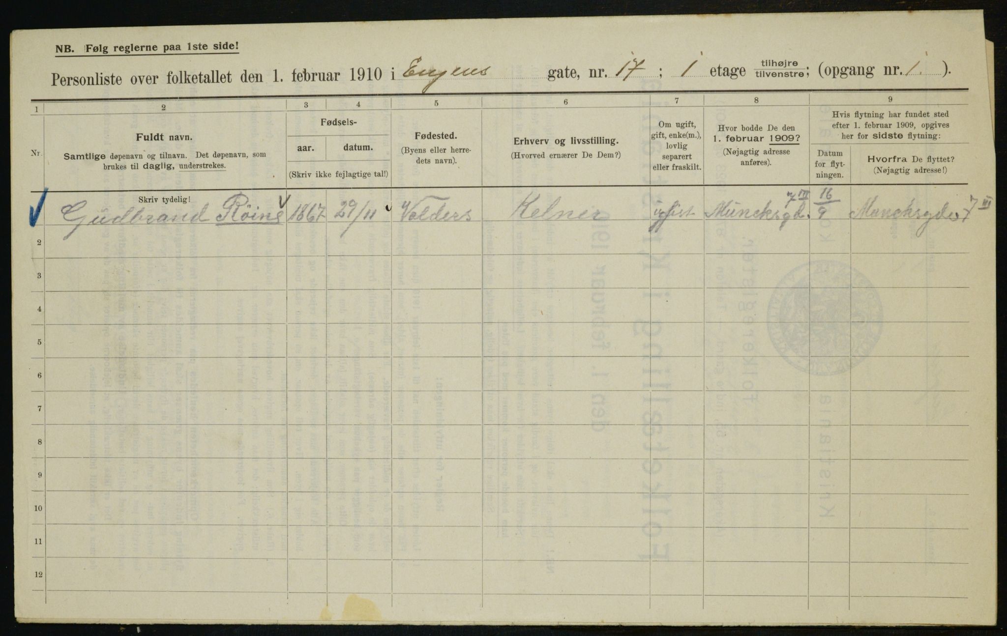 OBA, Municipal Census 1910 for Kristiania, 1910, p. 20078