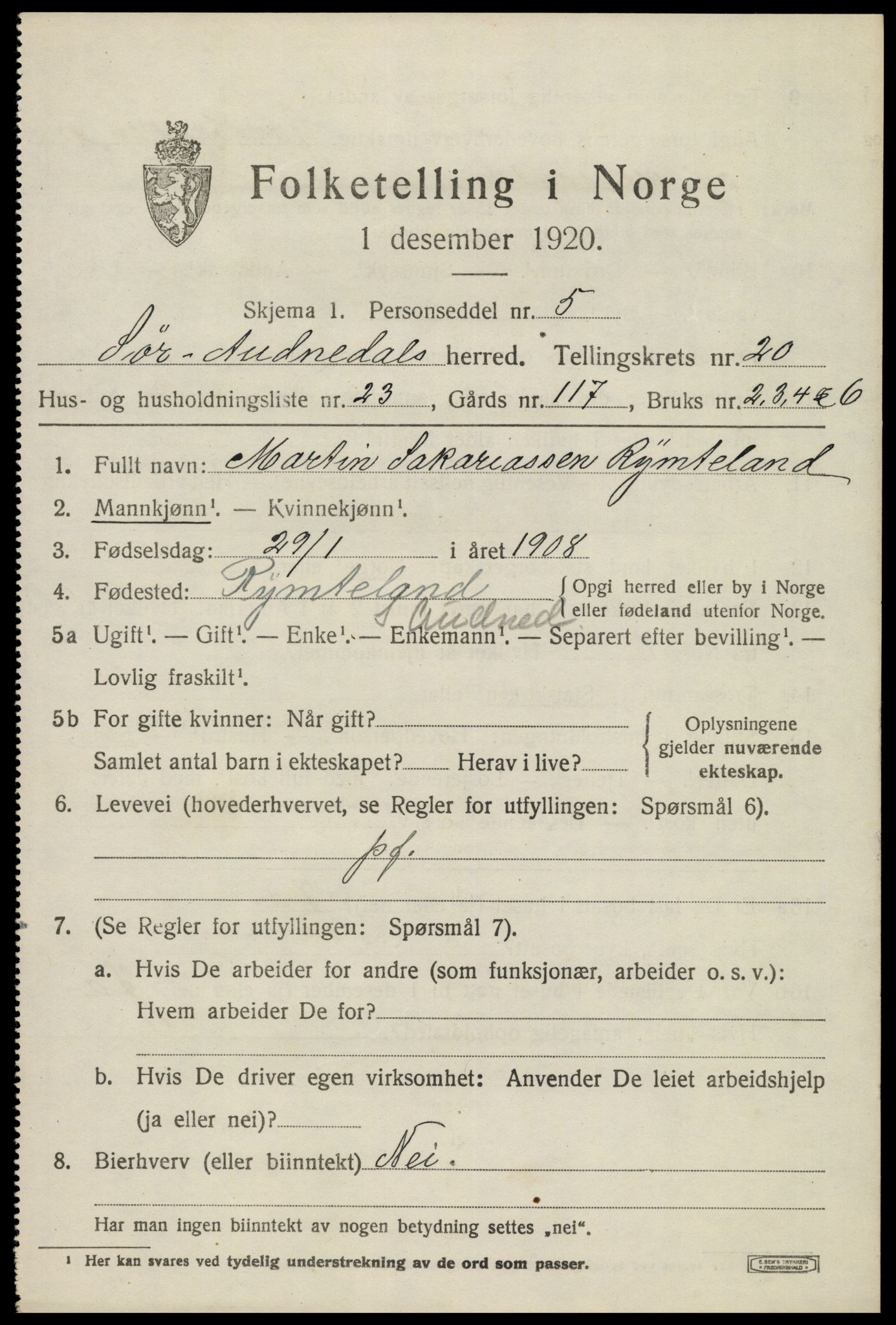 SAK, 1920 census for Sør-Audnedal, 1920, p. 6901