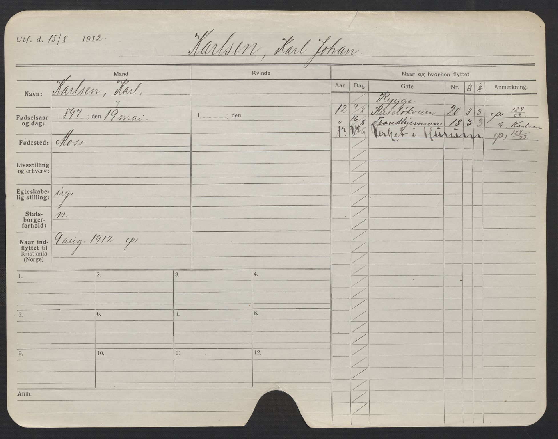 Oslo folkeregister, Registerkort, AV/SAO-A-11715/F/Fa/Fac/L0006: Menn, 1906-1914, p. 100a
