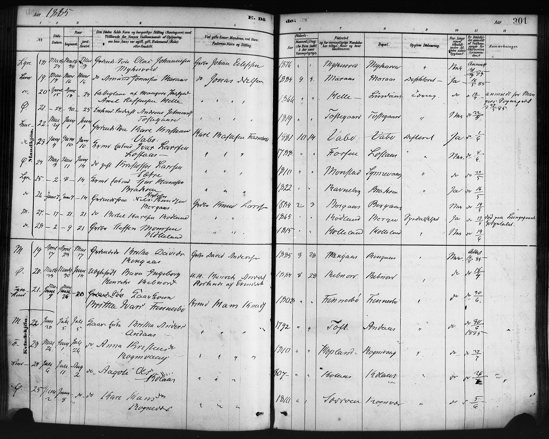 Lindås Sokneprestembete, AV/SAB-A-76701/H/Haa/Haaa/L0019: Parish register (official) no. A 19, 1878-1912, p. 301