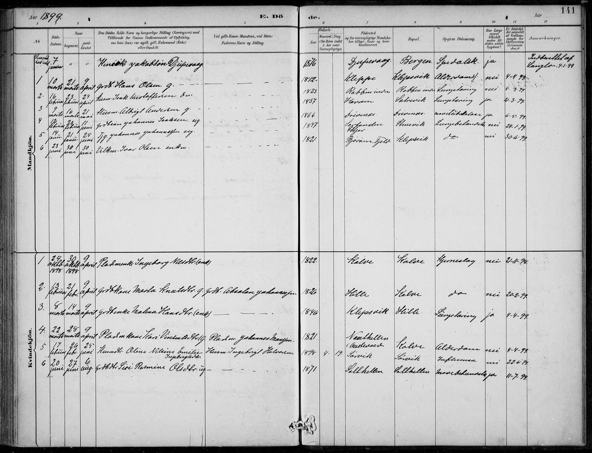 Sund sokneprestembete, AV/SAB-A-99930: Parish register (official) no. D 1, 1882-1899, p. 141