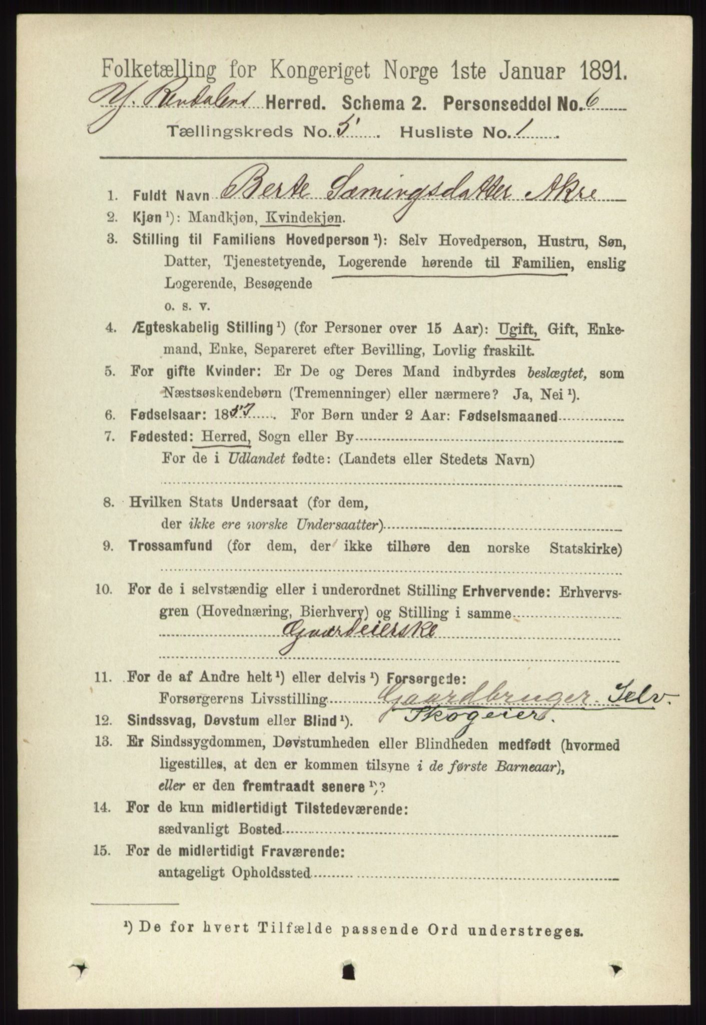 RA, 1891 census for 0432 Ytre Rendal, 1891, p. 1251