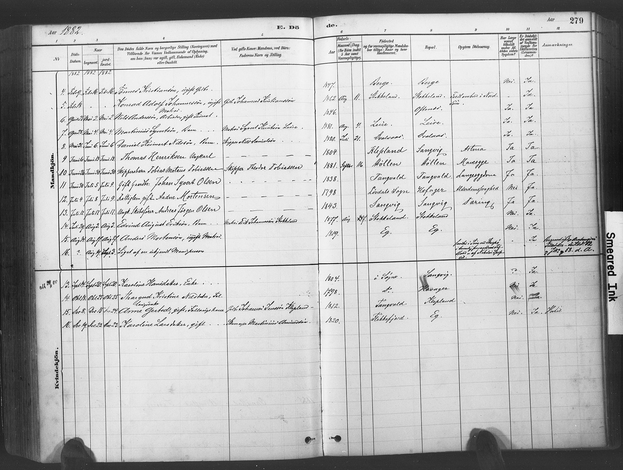 Søgne sokneprestkontor, SAK/1111-0037/F/Fa/Fab/L0012: Parish register (official) no. A 12, 1880-1891, p. 279