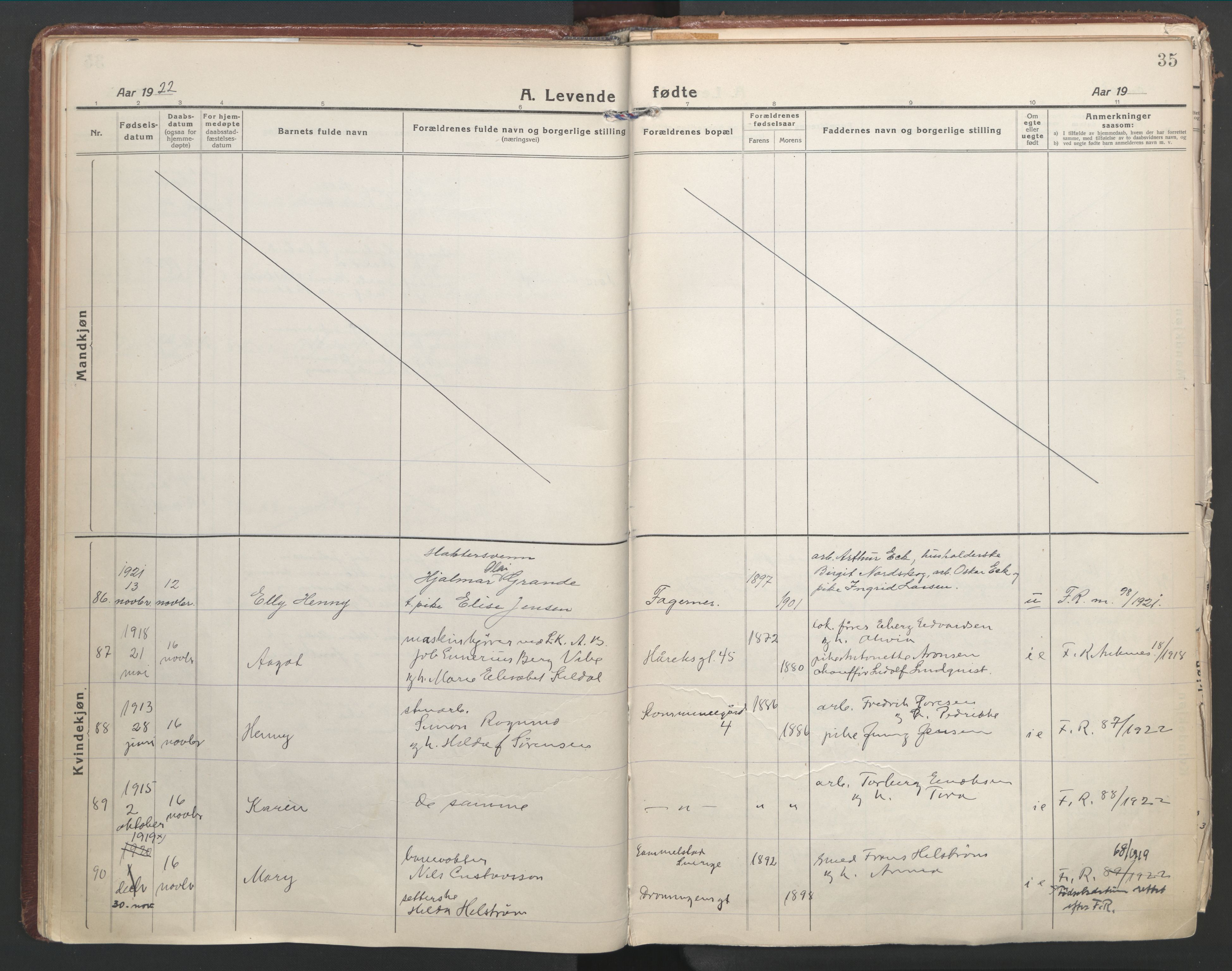 Ministerialprotokoller, klokkerbøker og fødselsregistre - Nordland, AV/SAT-A-1459/871/L1003: Parish register (official) no. 871A19, 1921-1930, p. 35