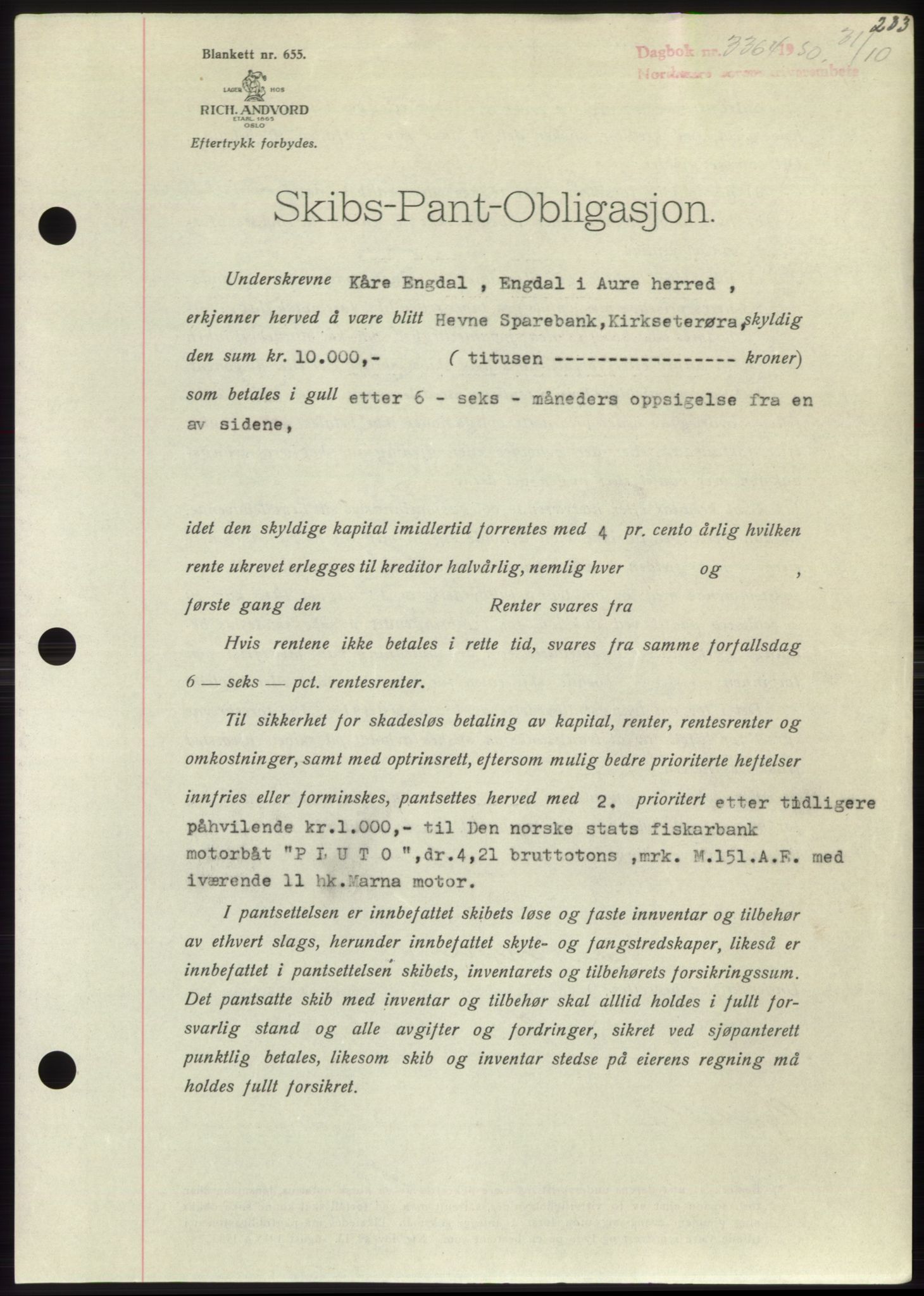 Nordmøre sorenskriveri, AV/SAT-A-4132/1/2/2Ca: Mortgage book no. B106, 1950-1950, Diary no: : 3364/1950