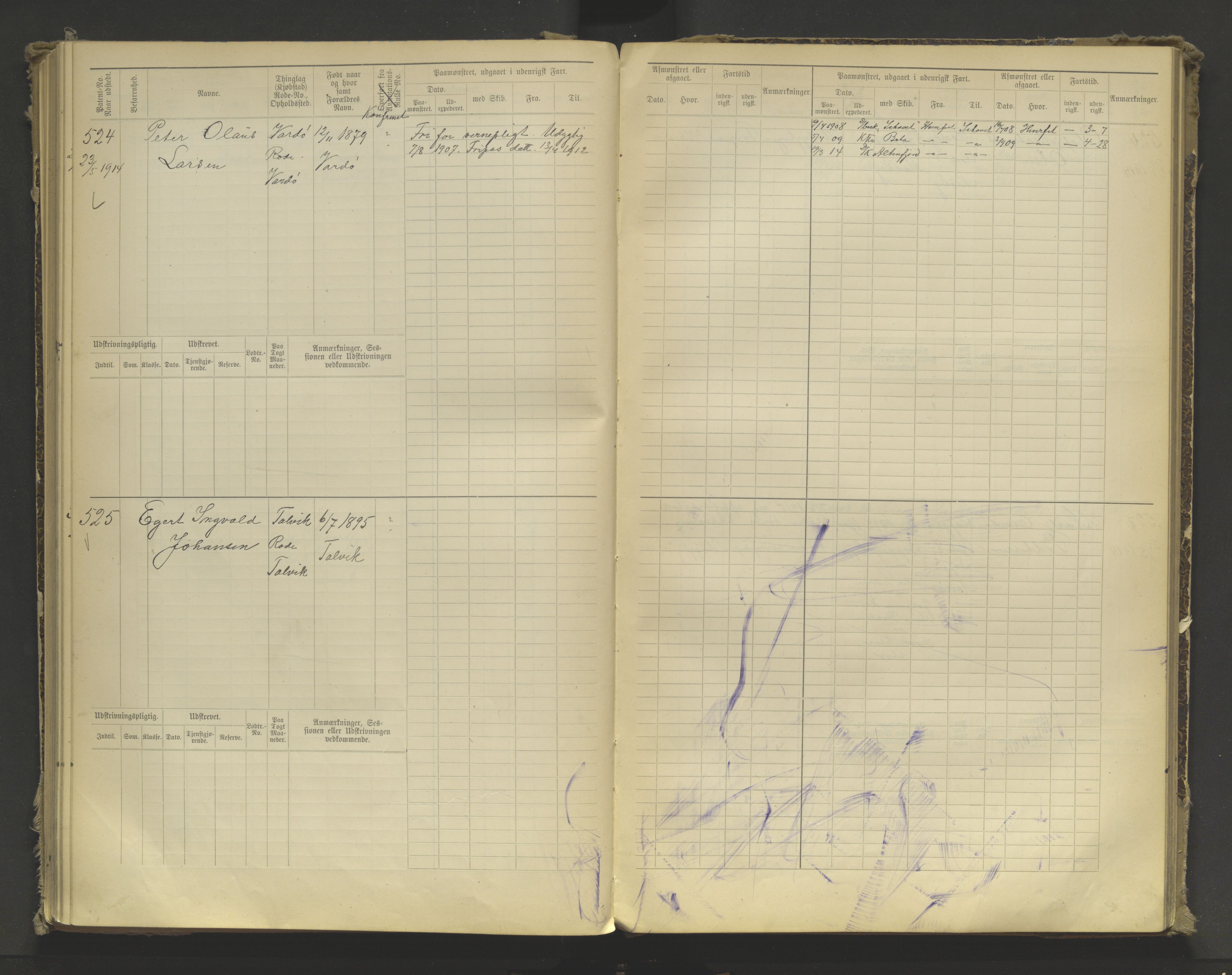 Tromsø sjømannskontor/innrullerings-/mønstringsdistrikt, AV/SATØ-S-0243/F/Fa/L0006: Sjøfartsrulle (hovedrulle). Defekt: manglende rygg, løse permer. Nr. 1-224. Inneholder også annotasjonsrulle nr. 474-719, 1869-1917