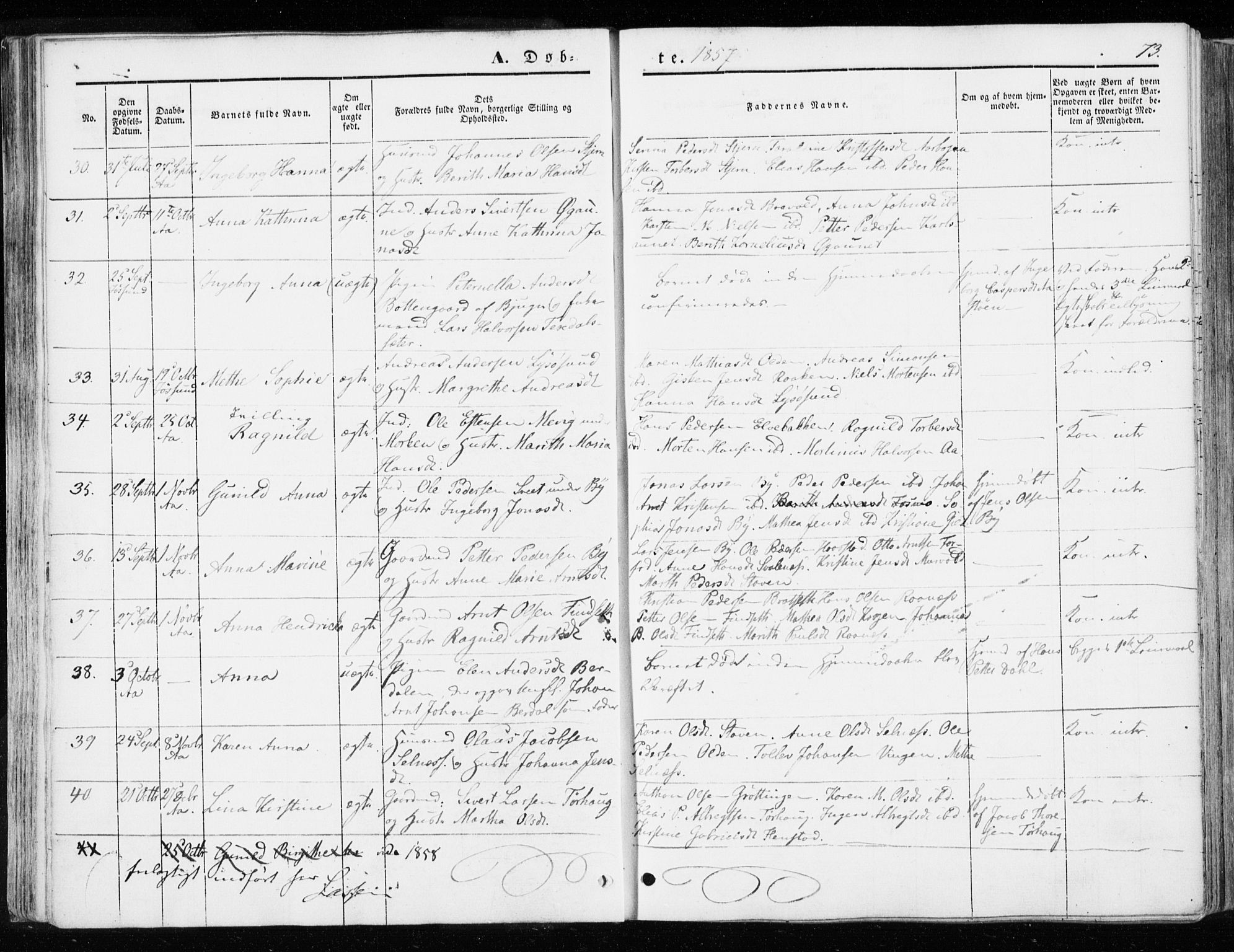 Ministerialprotokoller, klokkerbøker og fødselsregistre - Sør-Trøndelag, SAT/A-1456/655/L0677: Parish register (official) no. 655A06, 1847-1860, p. 73
