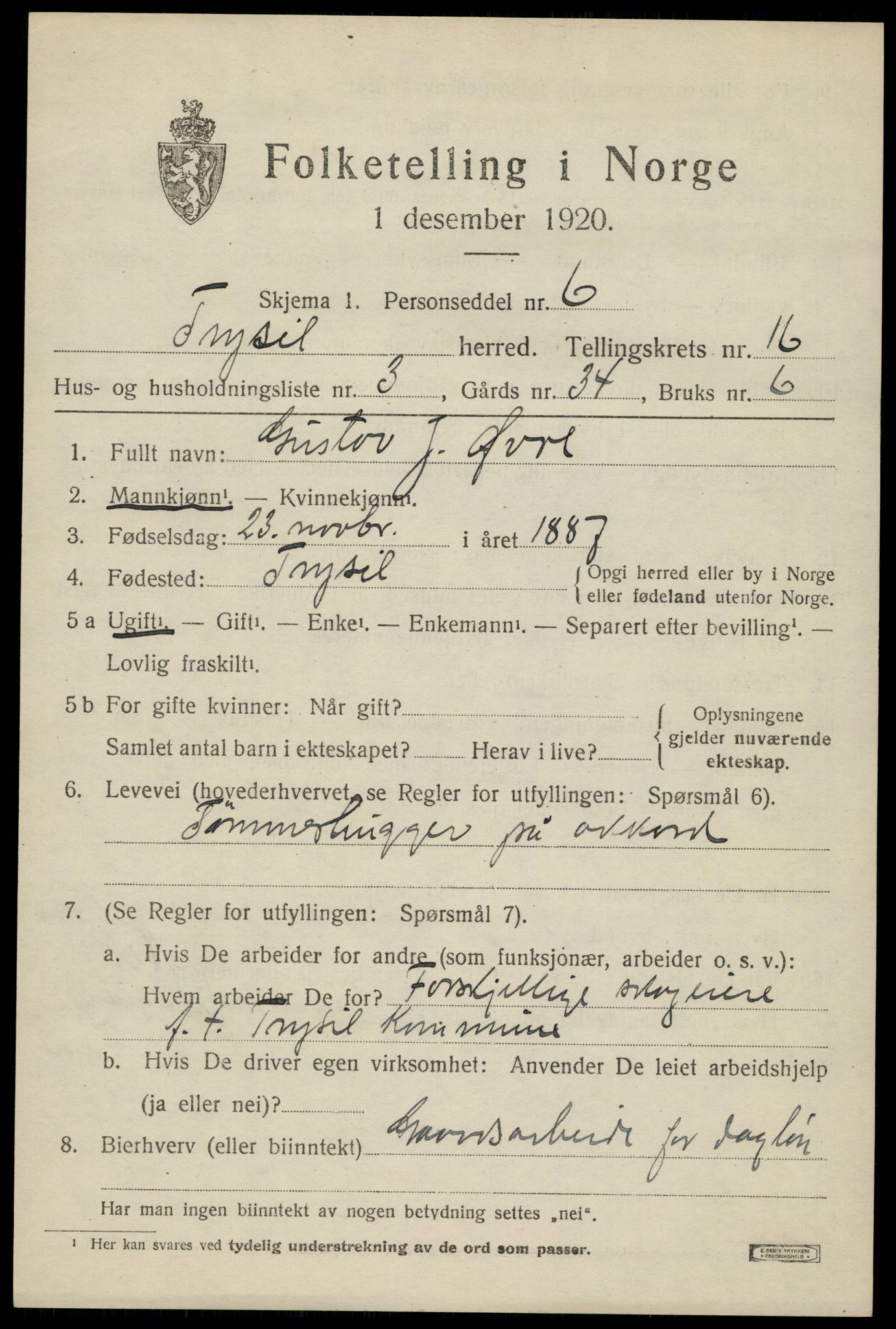 SAH, 1920 census for Trysil, 1920, p. 9465