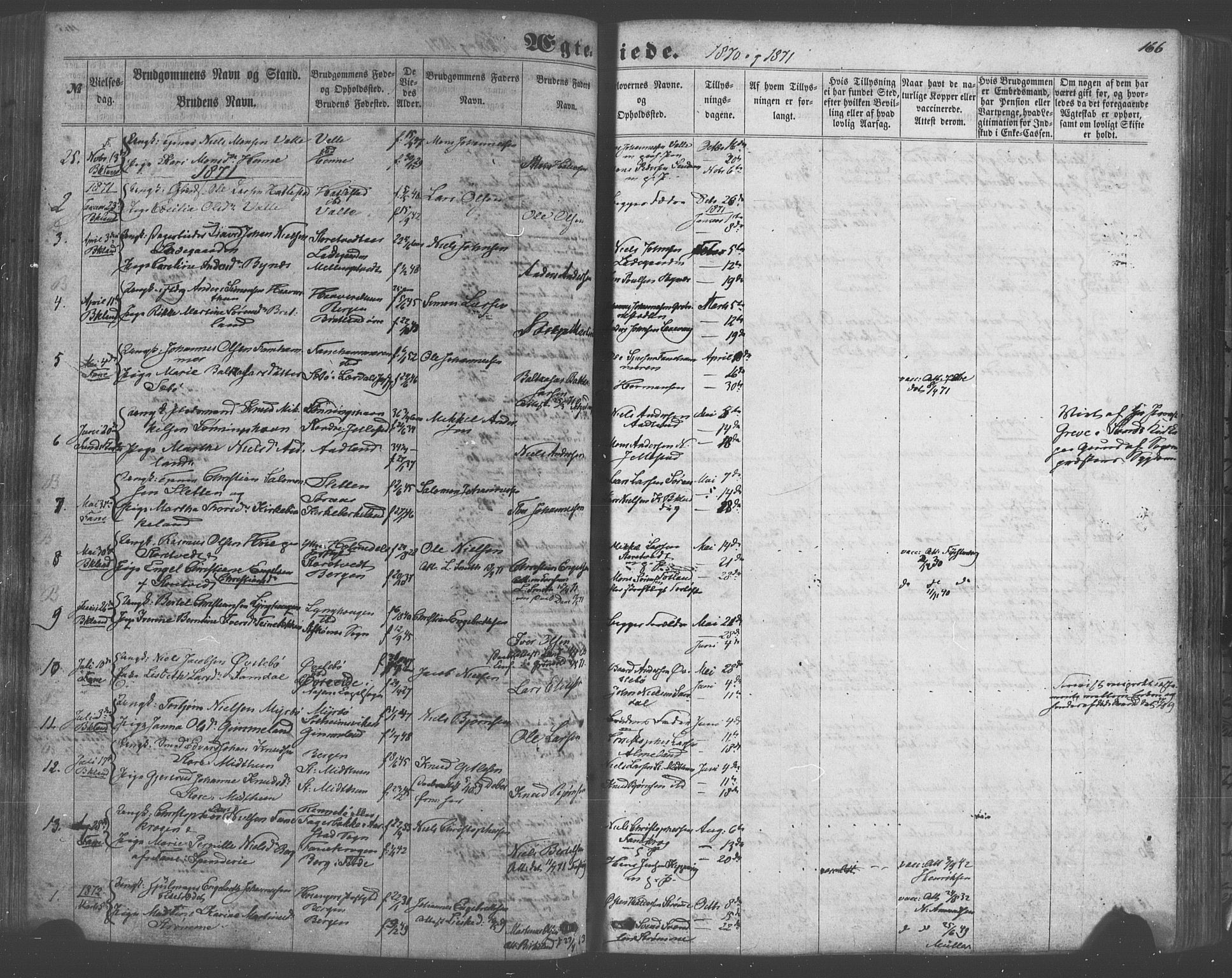 Fana Sokneprestembete, SAB/A-75101/H/Haa/Haaa/L0012: Parish register (official) no. A 12, 1862-1878, p. 166